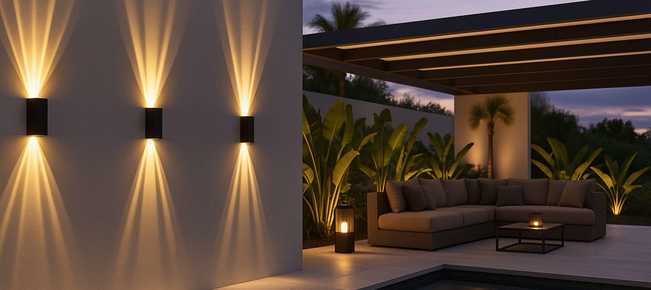 Contemporary patio with three upward and downward beam wall lights, cozy outdoor seating, tropical plants, and ambient evening lighting.