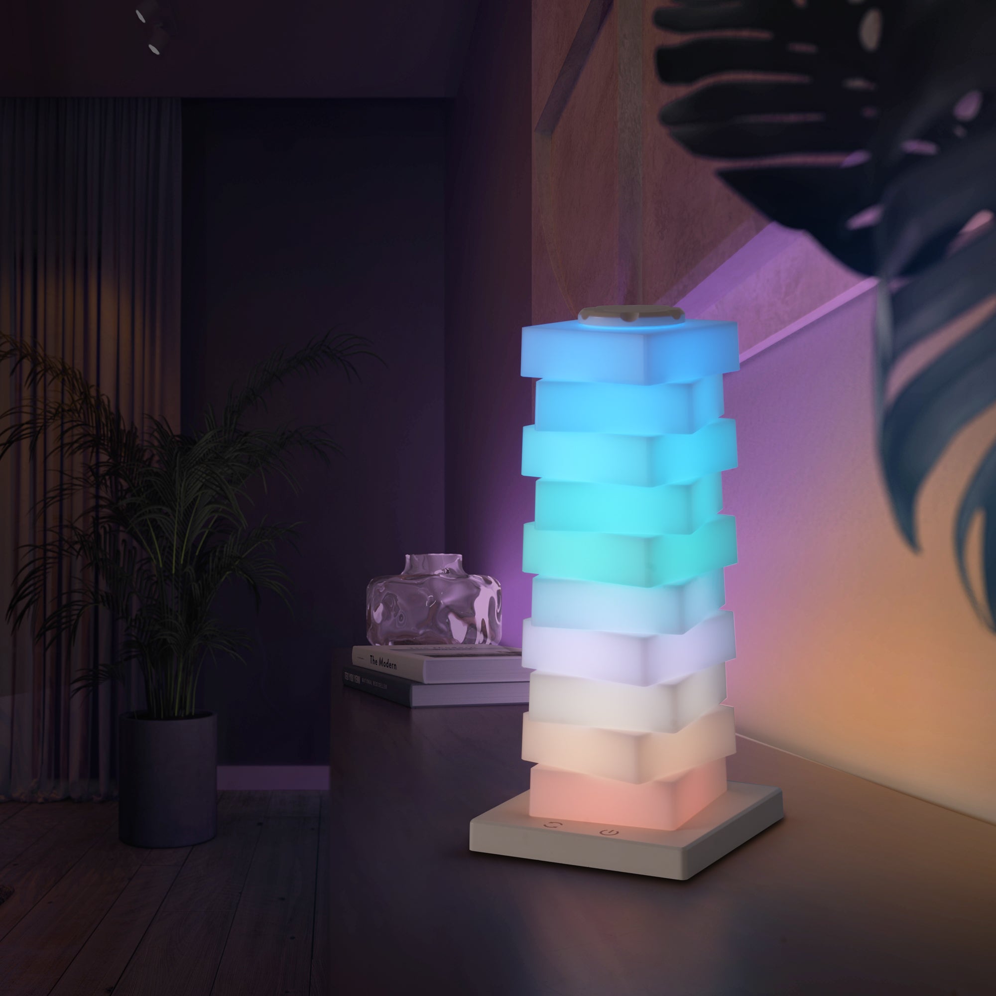 Modular Rotating Touch RGB Lamp showing customizable stacked cubes with vibrant color changing ambient lighting.
