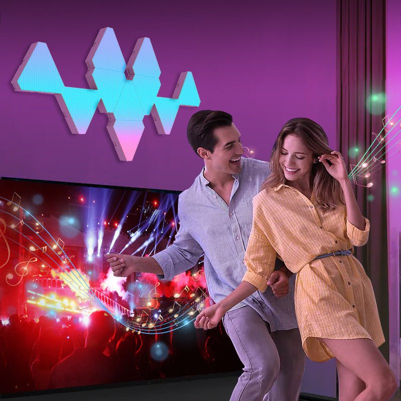 Modular Triangle Smart Wall Light Panels illuminating a modern room with vibrant customizable colors and sleek design.