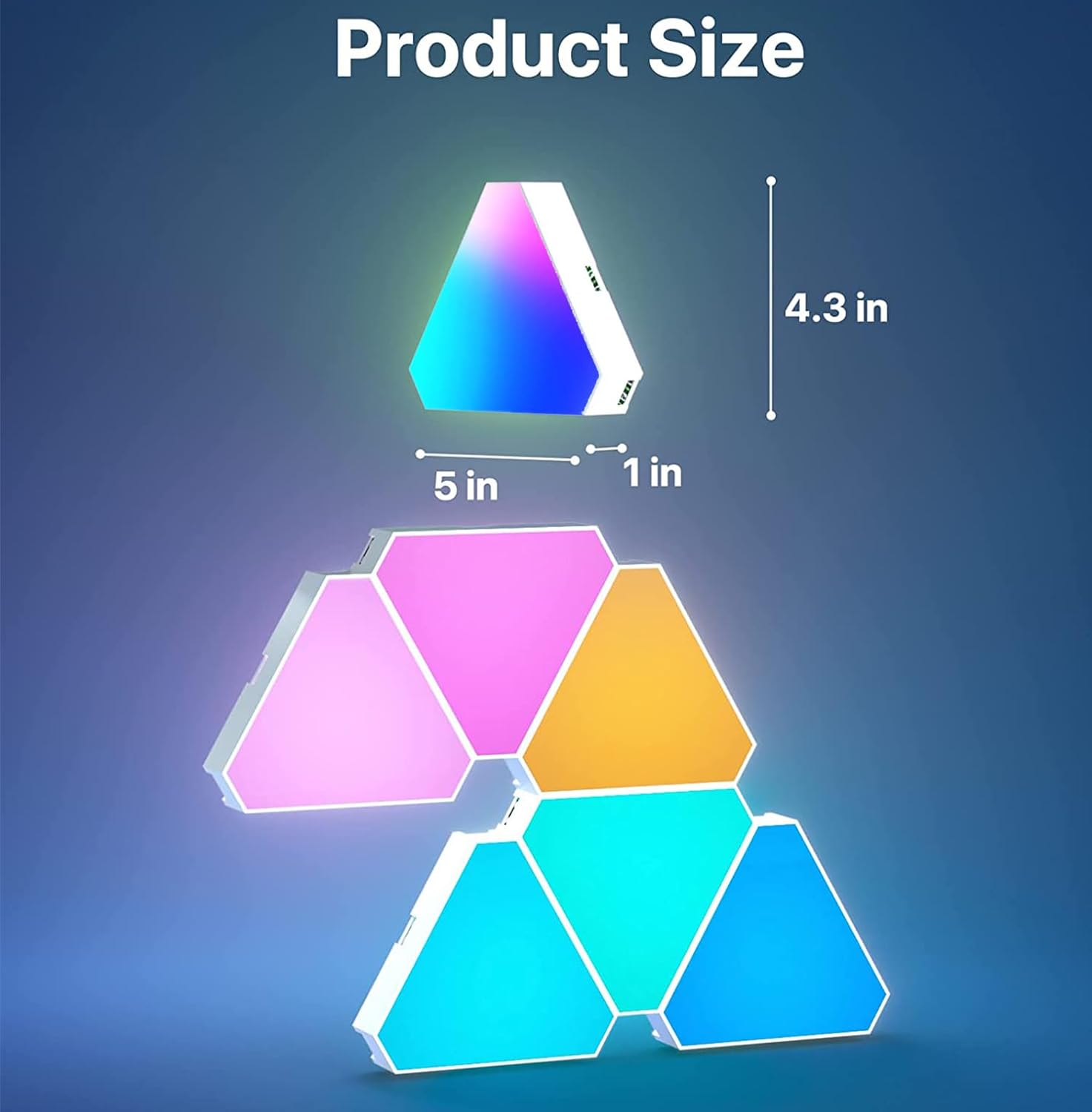 Modular Triangle Smart Wall Light Panels showing size dimensions with colorful illuminated triangular panels.
