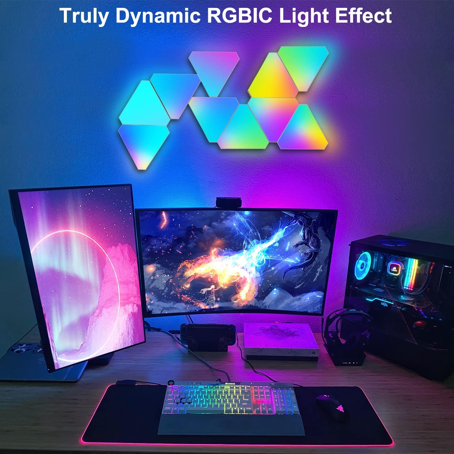 Modular Triangle Smart Wall Light Panels creating customizable RGBIC lighting above a modern gaming setup.