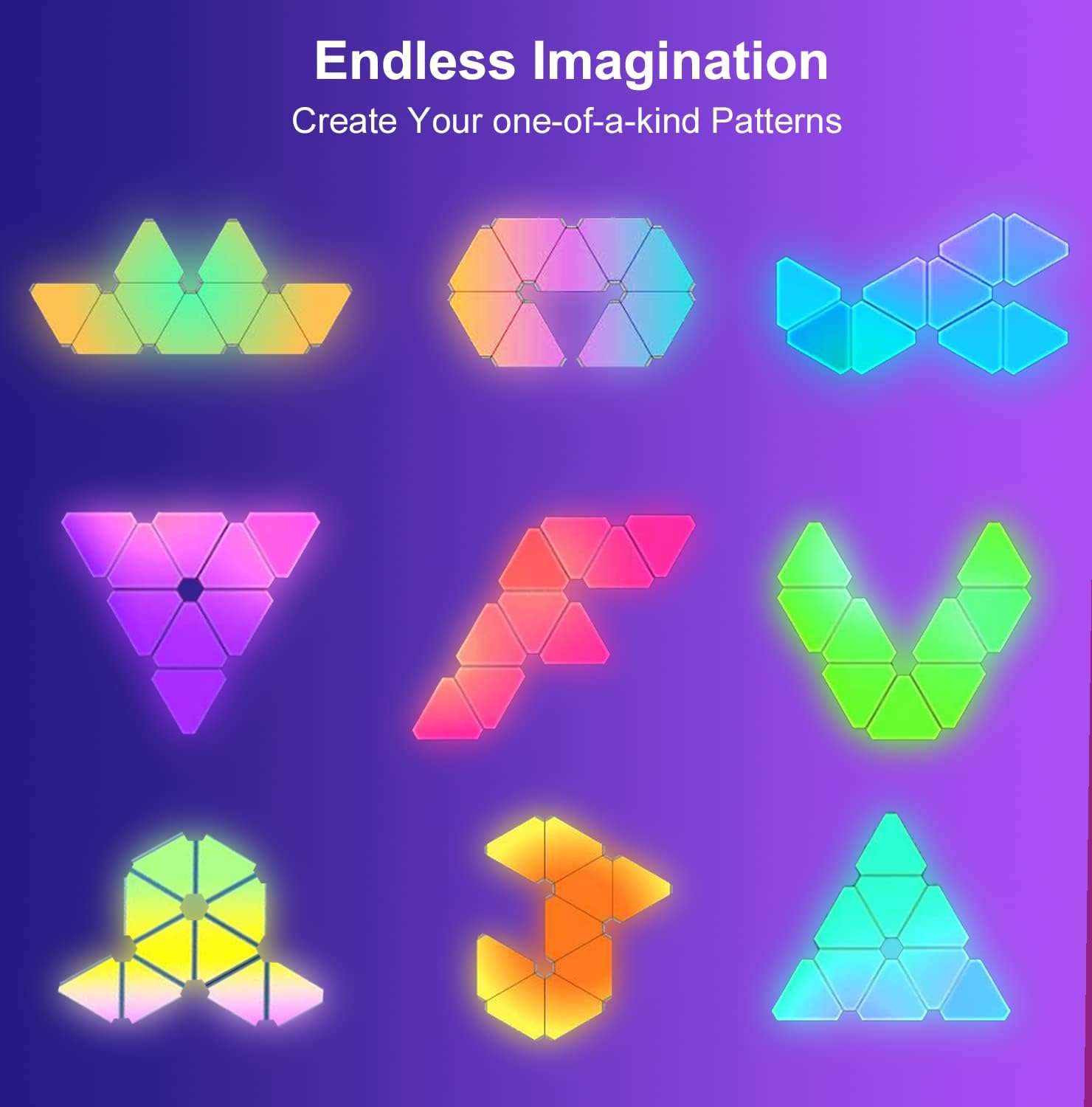 Modular Triangle Smart Wall Light Panels showing colorful customizable geometric light patterns for modern decor.