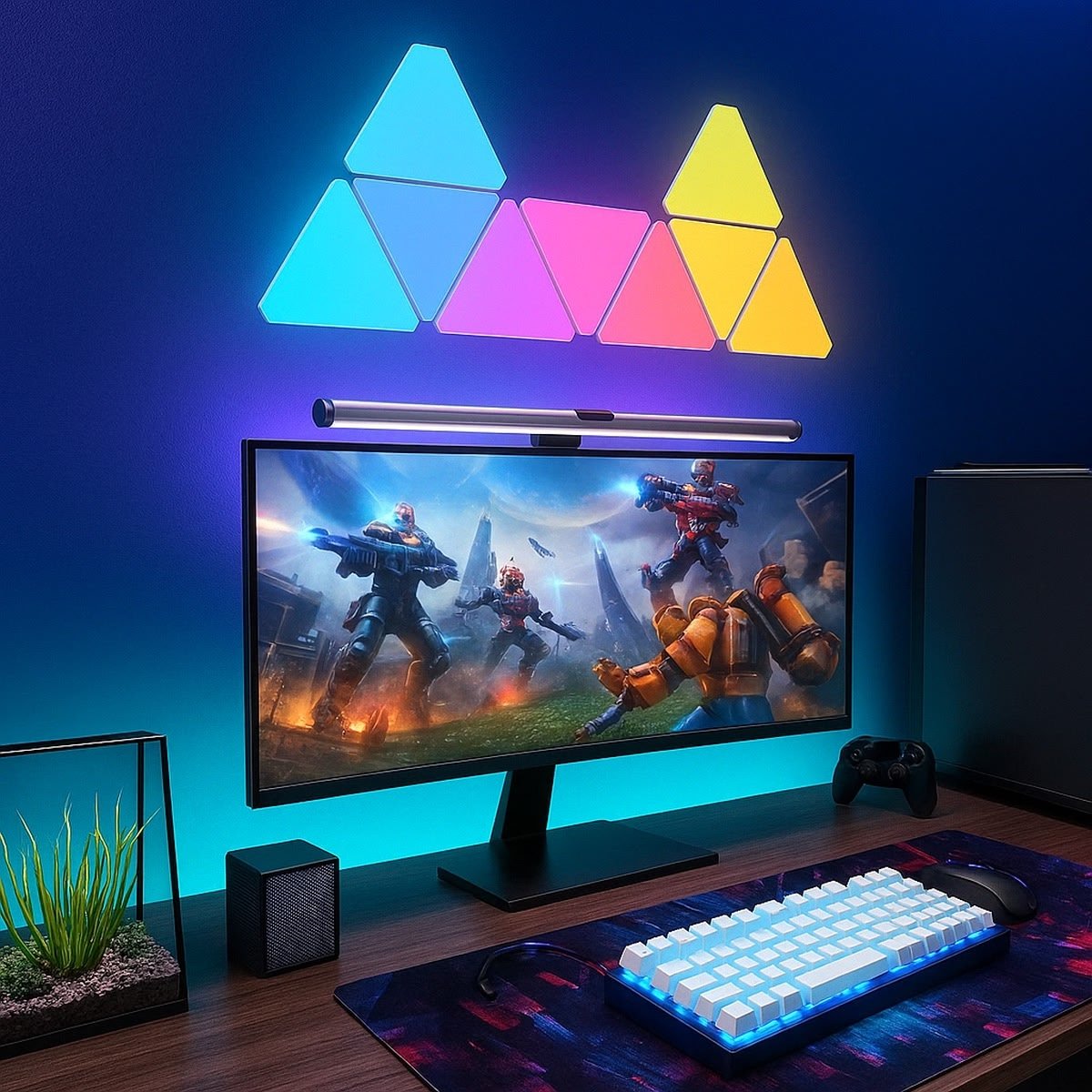 Modular Triangle Smart Wall Light Panels illuminating a modern gaming setup with vibrant customizable colors.
