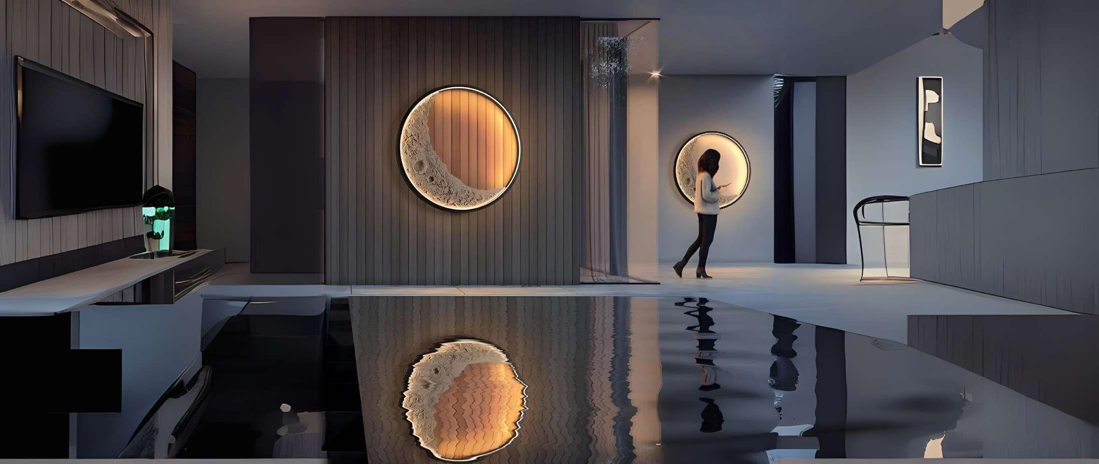 Contemporary interior with large circular moon wall lights, reflected in a sleek black floor with a person walking by.