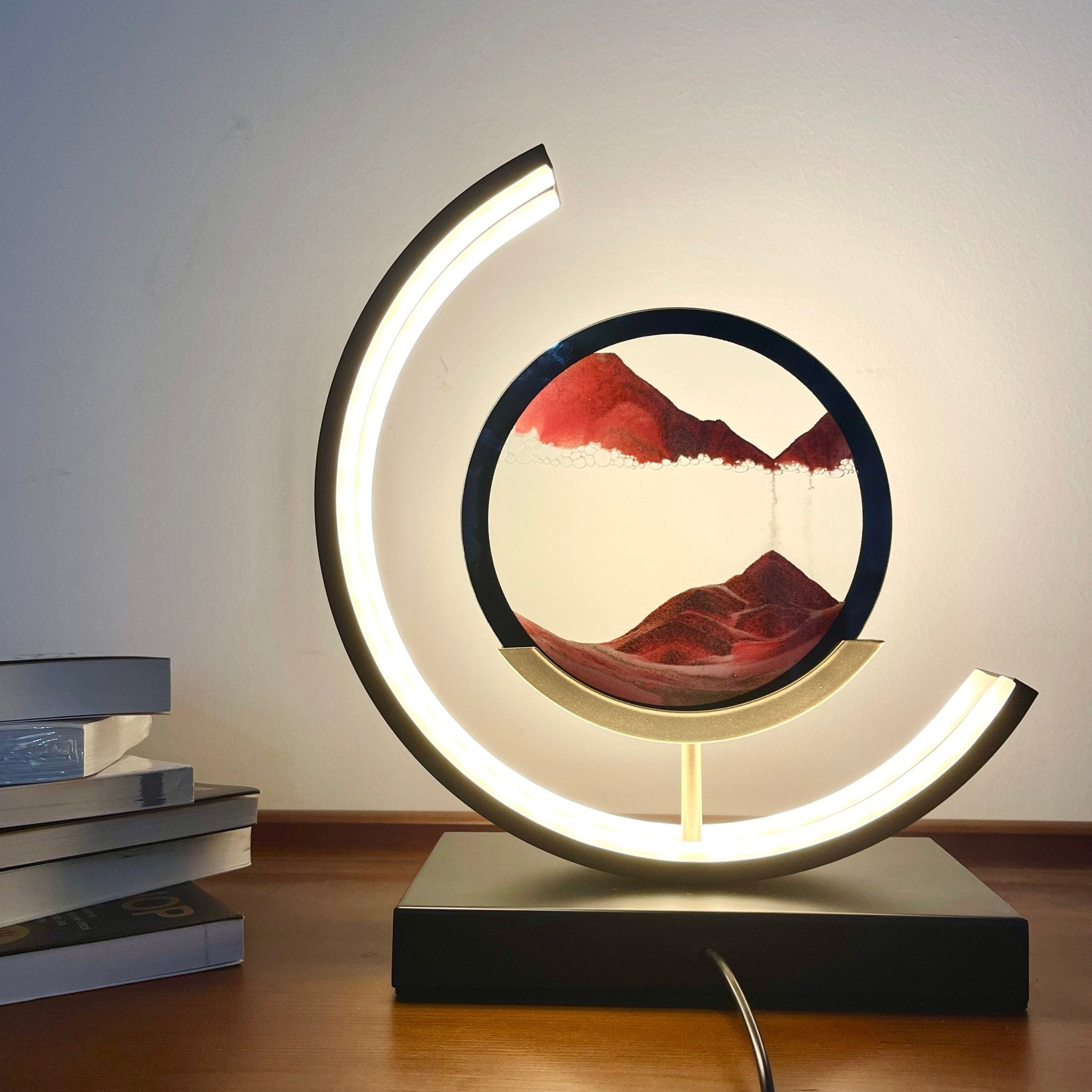 Moving Sand Art LED Lamp with kinetic sandscape and adjustable warm to cool white LED light for calming ambiance.