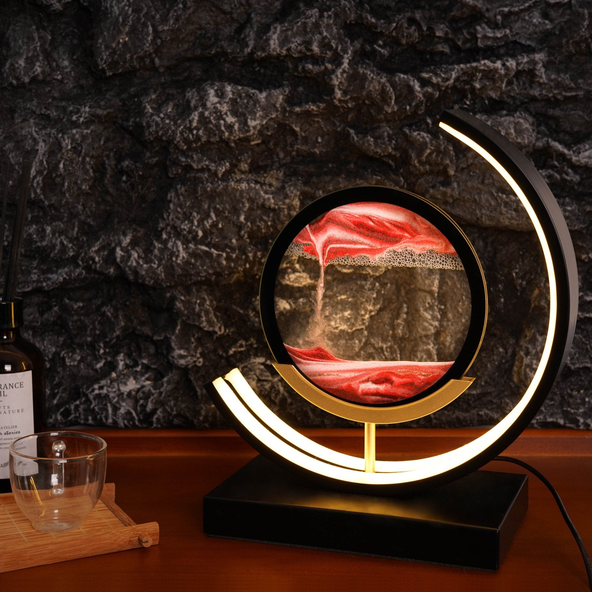 Moving Sand Art LED Lamp showing flowing red sand and adjustable LED light for calming ambiance.