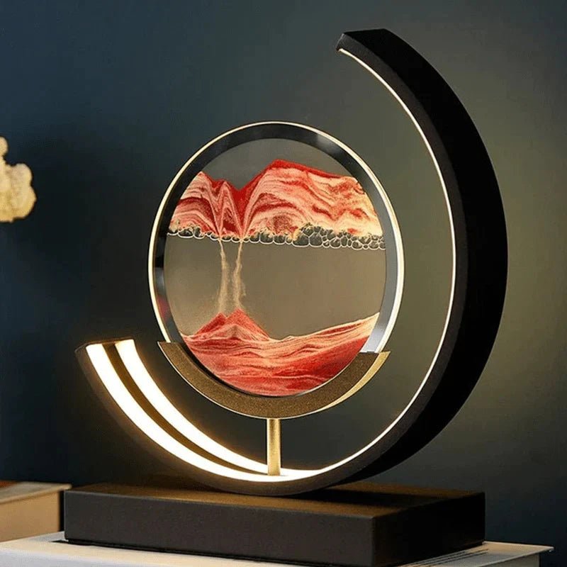 Moving Sand Art LED Lamp with kinetic sandscape and adjustable warm to cool white LED light for calming decor.