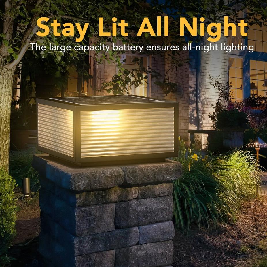 Outdoor Solar Powered Post Cap Lights showcasing warm, durable, all-night illumination for garden pillars and patios.