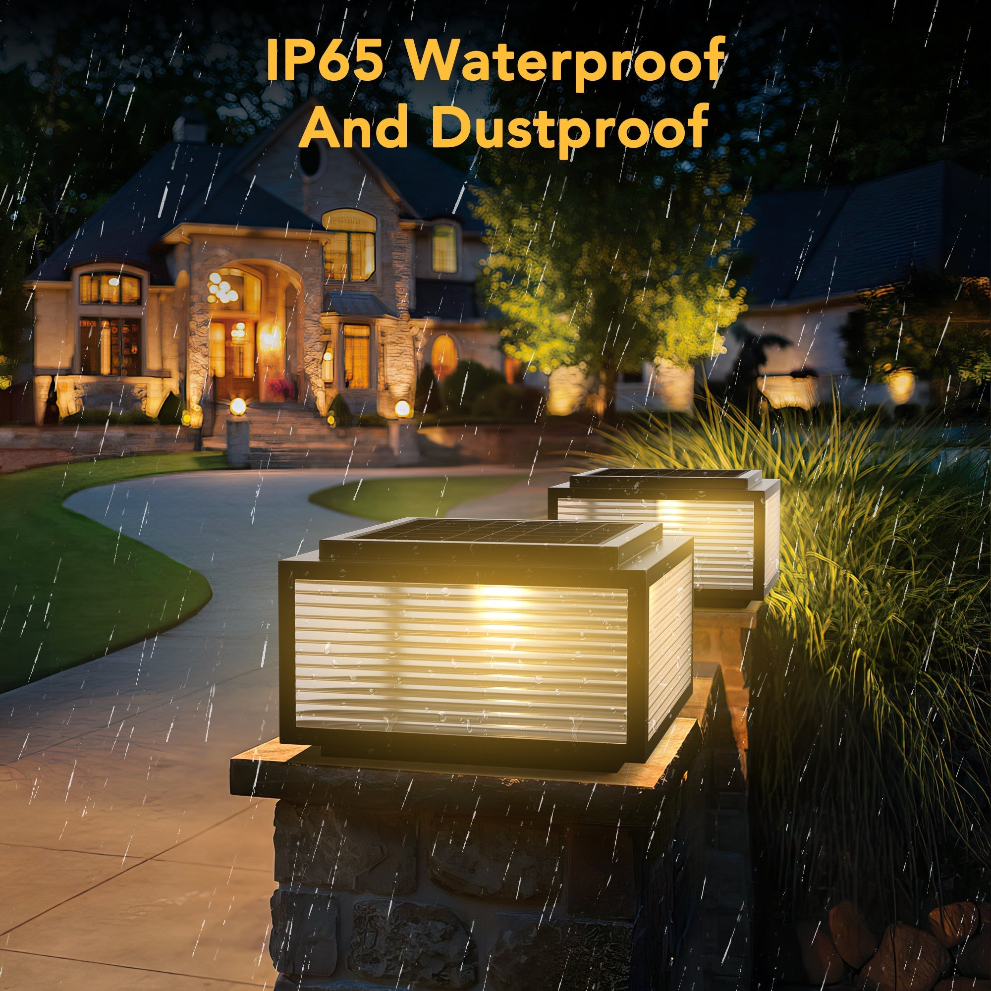 Outdoor Solar Powered Post Cap Lights glowing warmly on rainy garden pillars, showcasing durable, waterproof design.