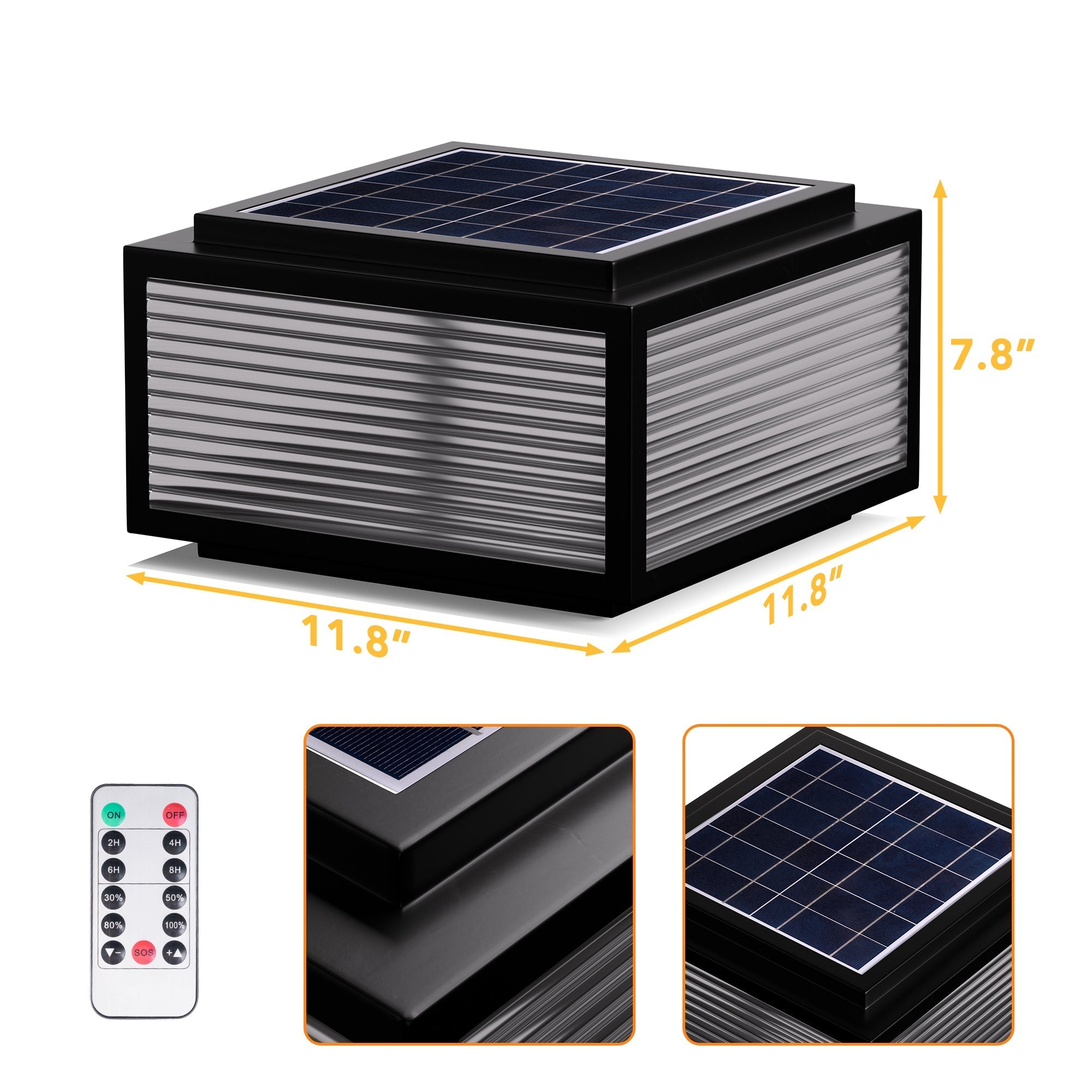Outdoor Solar Powered Post Cap Lights with remote control, durable metal and glass design, customizable color illumination.