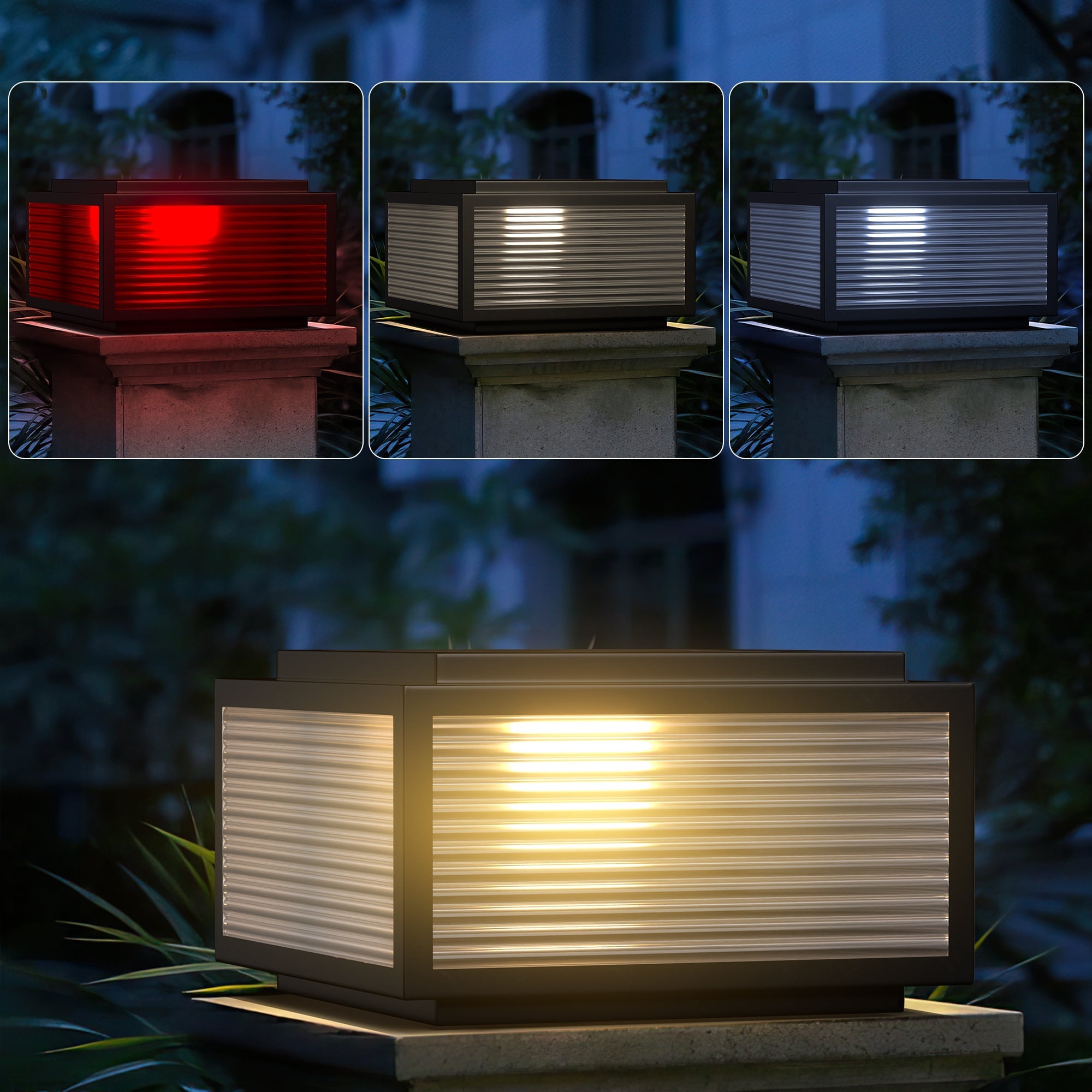 Outdoor Solar Powered Post Cap Lights showing red, white, and warm glow options enhancing garden pillars.