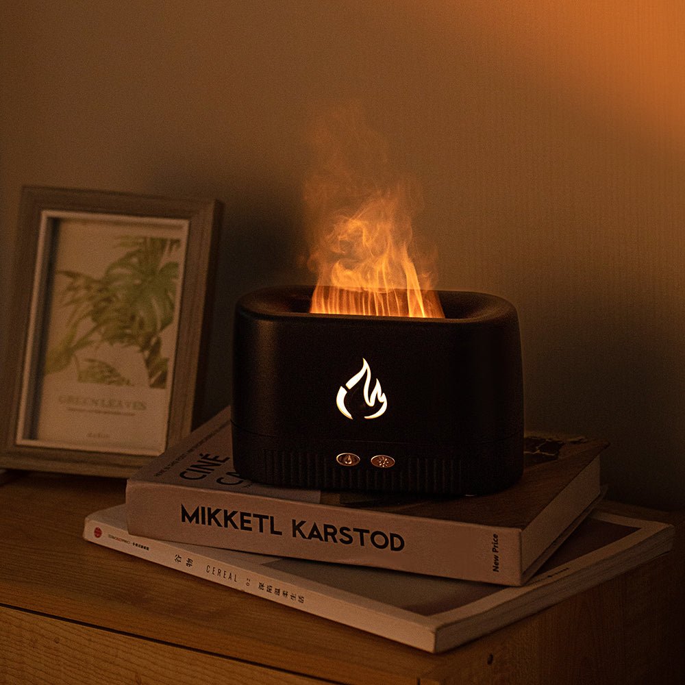 Portable Flame Diffuser & Humidifier with LED flame, ultrasonic mist, and essential oil aroma for cozy, relaxing ambiance.
