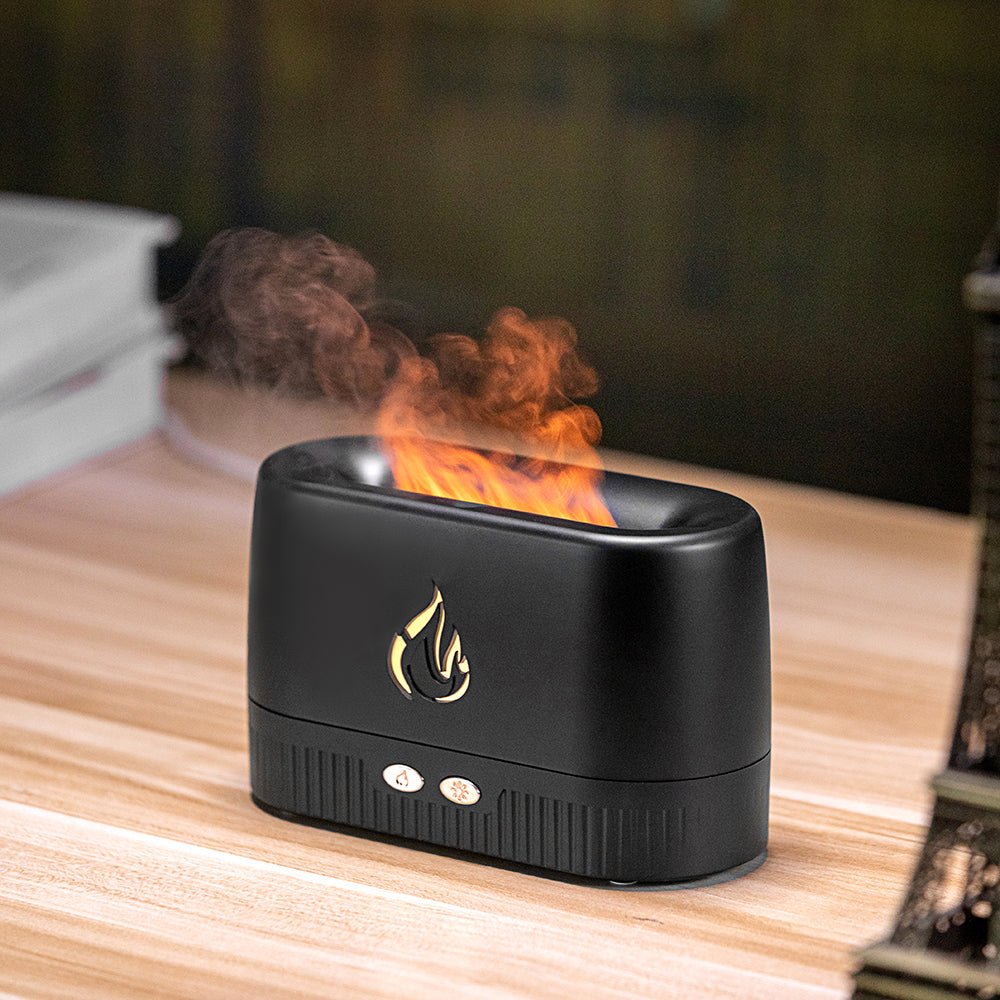 Portable Flame Diffuser & Humidifier with LED flame effect and ultrasonic mist for ambiance and relaxation anywhere.