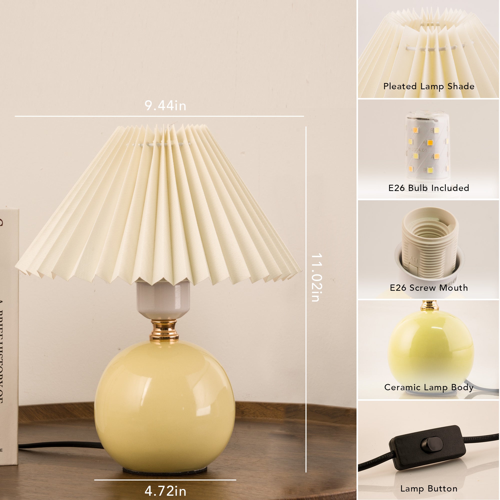 Pottery Ceramics Table Lamp with pleated shade, ceramic base, E26 bulb, adjustable warm to cool white lighting, modern design.