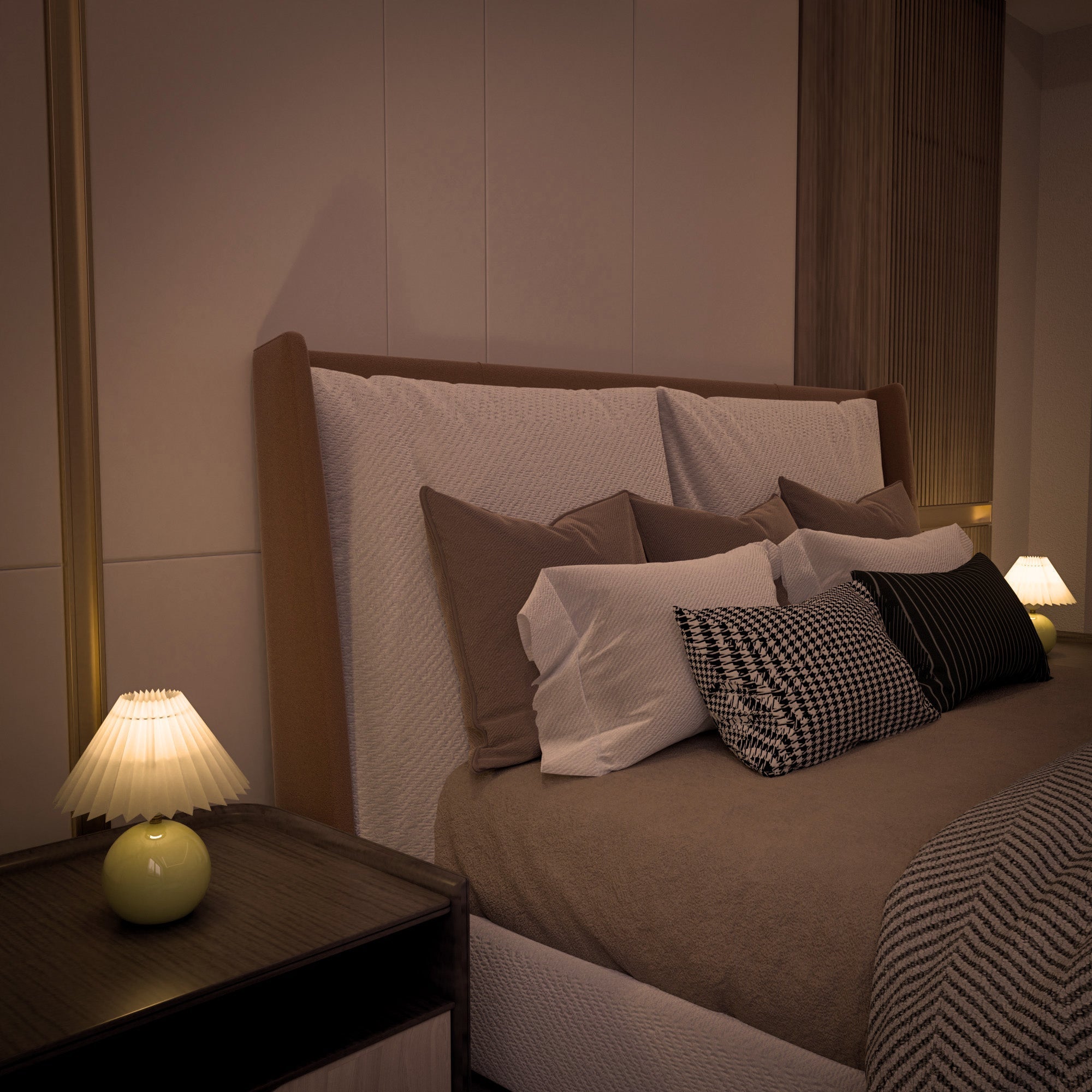 Pottery Ceramics Table Lamp on nightstand adding warm, adjustable lighting to elegant bedroom decor with premium fabric shade.