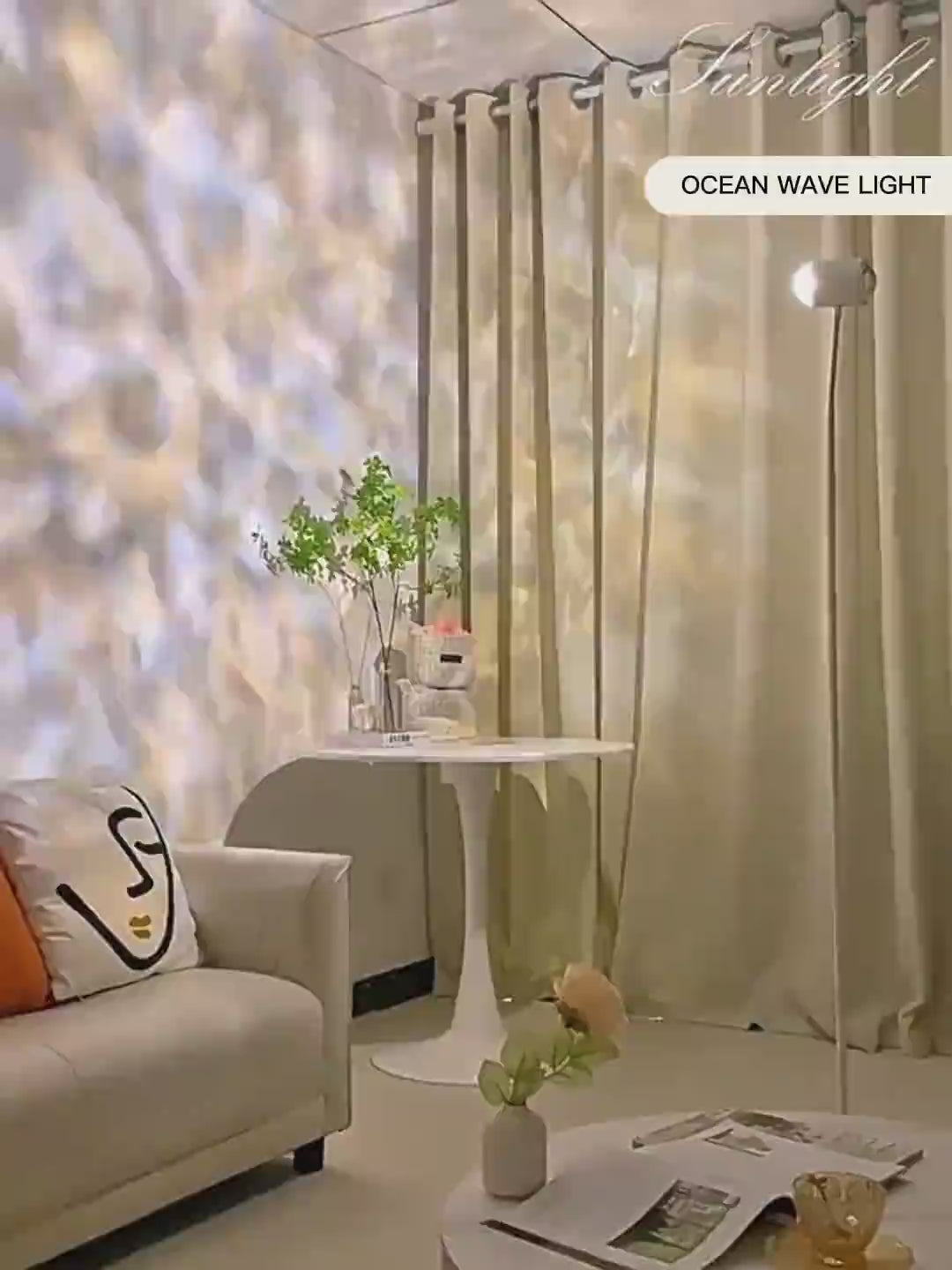 Load video: Dual-head aurora and sunset projector floor lamp casting layered colorful lighting for ambient room decor and visual effects