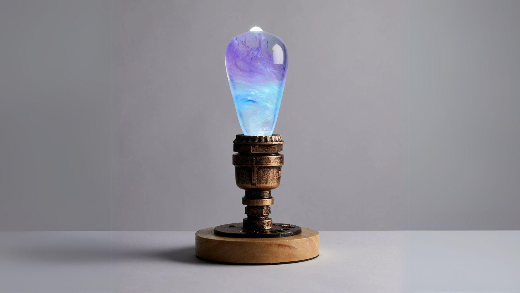 Decorative glass lamp with swirling purple and blue colors, mounted on an industrial-style bronze and wood base, set against a neutral background.
