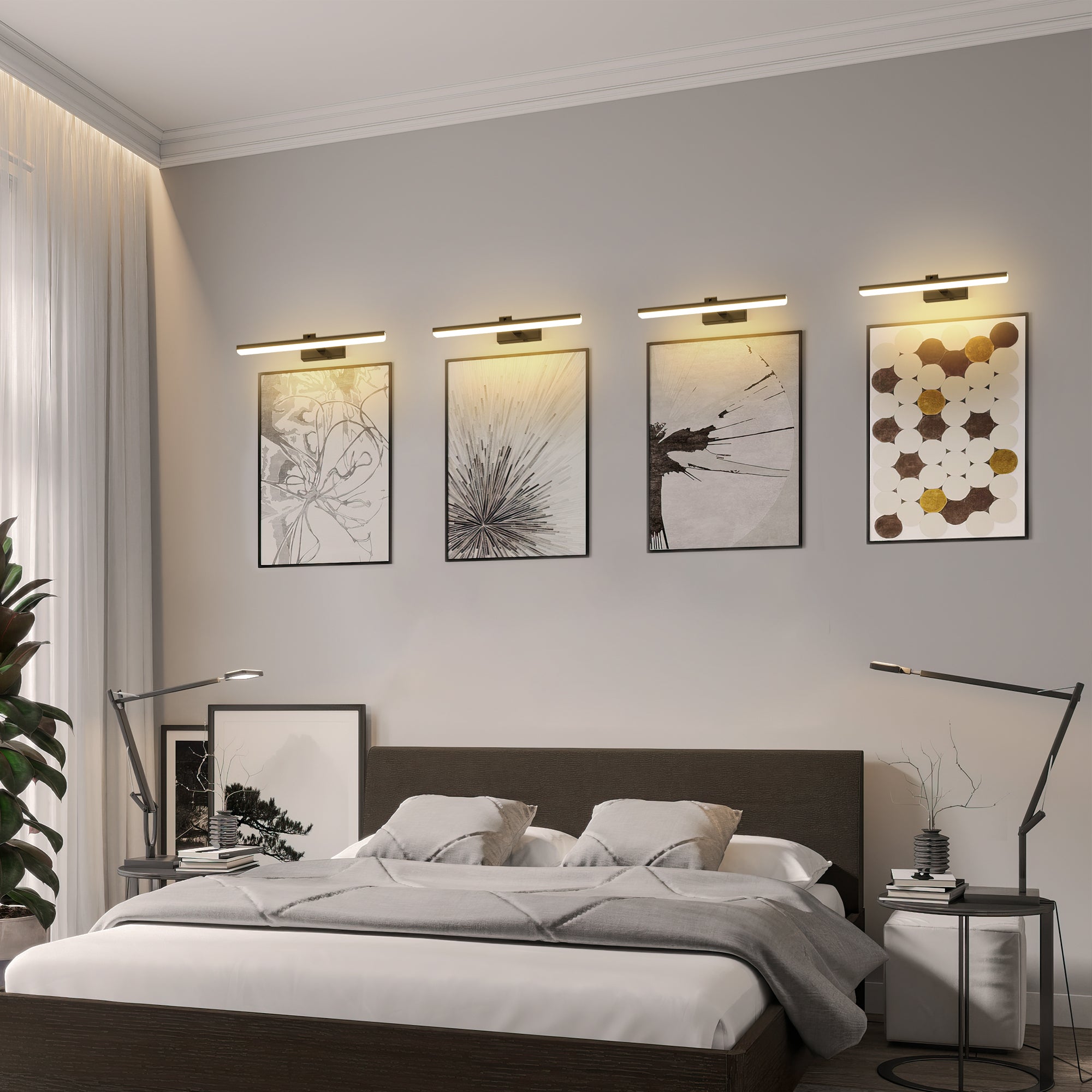 Rechargeable Wireless Picture Wall Light showcasing four illuminated artworks above a modern bed in a cozy bedroom setting.