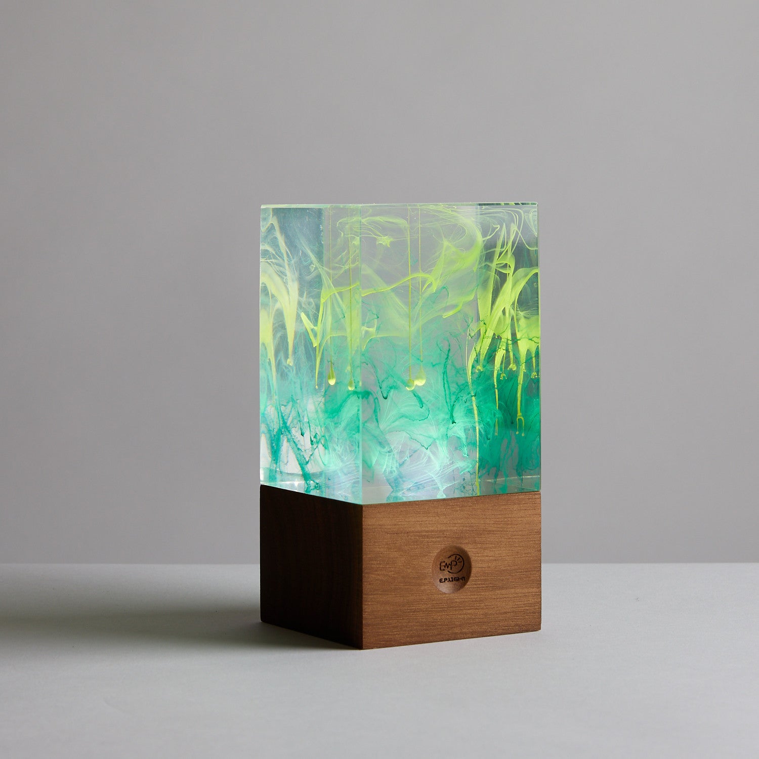 Resin Cube Table Decor - Aurora with handcrafted resin, warm white light, cordless design, and eco-friendly materials.
