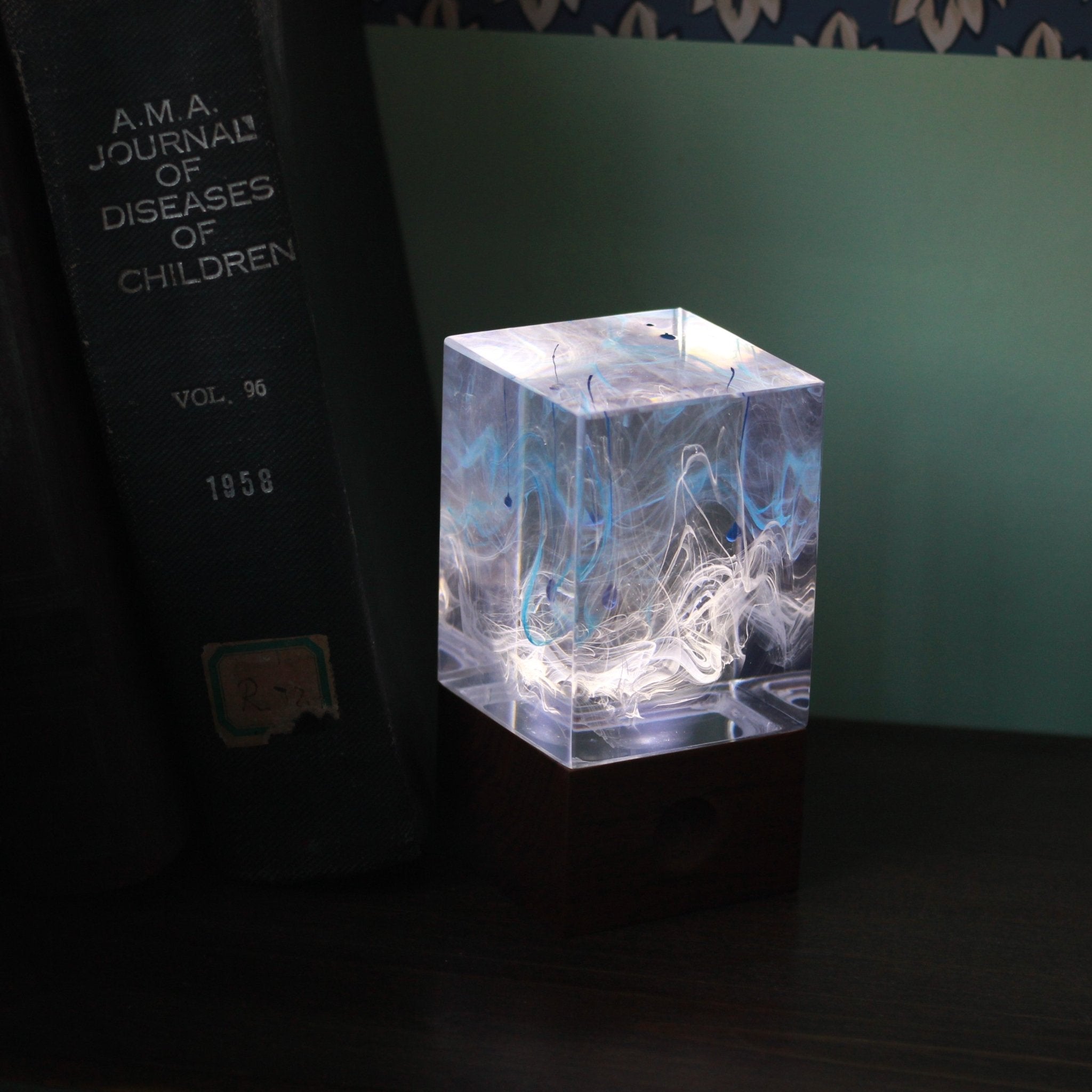 Resin Cube Table Decor - Ocean glows with calming underwater light, adding handcrafted beauty and tranquility to any space.