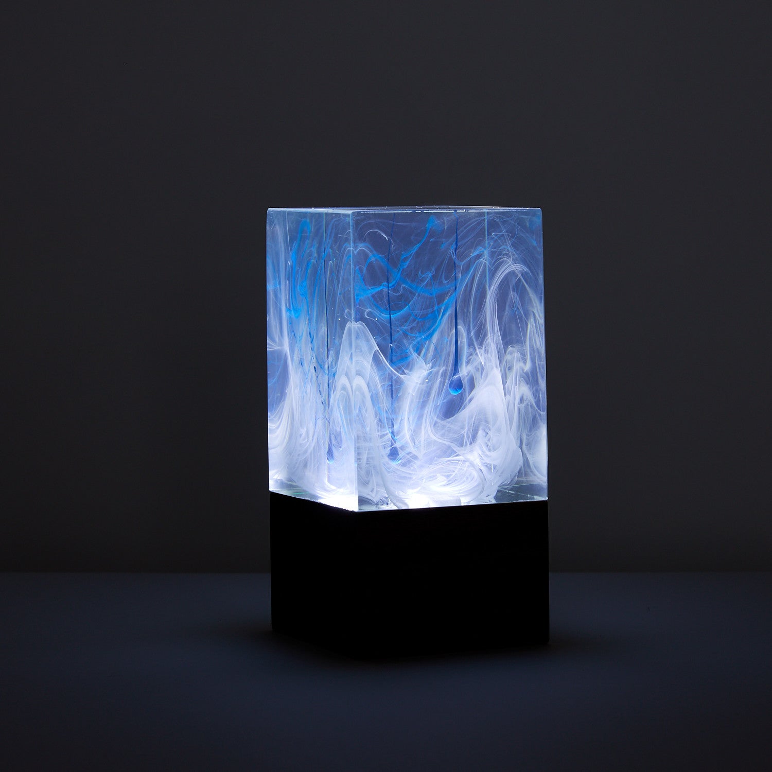 Resin Cube Table Decor - Ocean glowing softly with white light, showcasing a handcrafted underwater-inspired design.