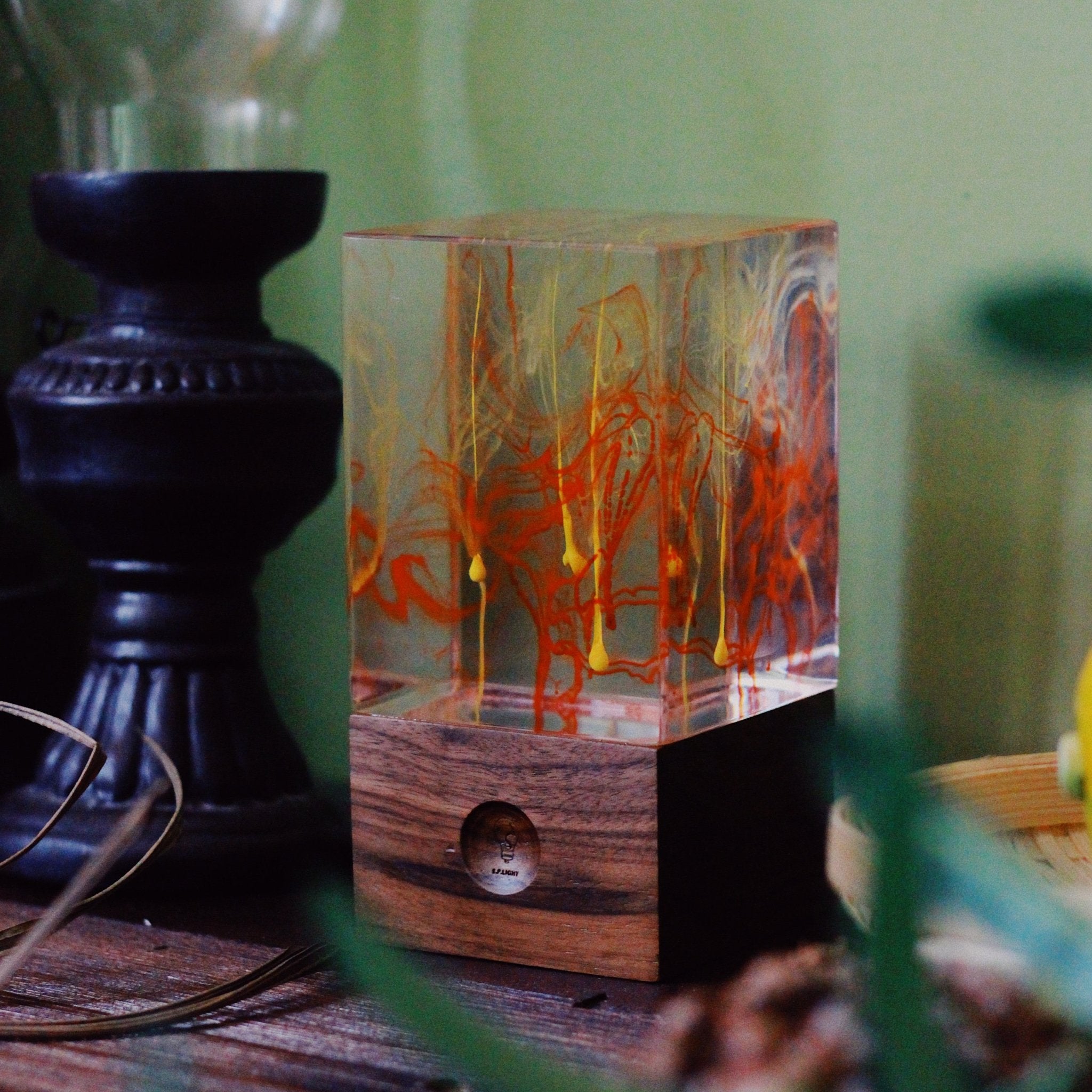 Resin Cube Table Decor - Solar with hand-crafted resin and warm cosmic glow for calming, ambient room lighting.