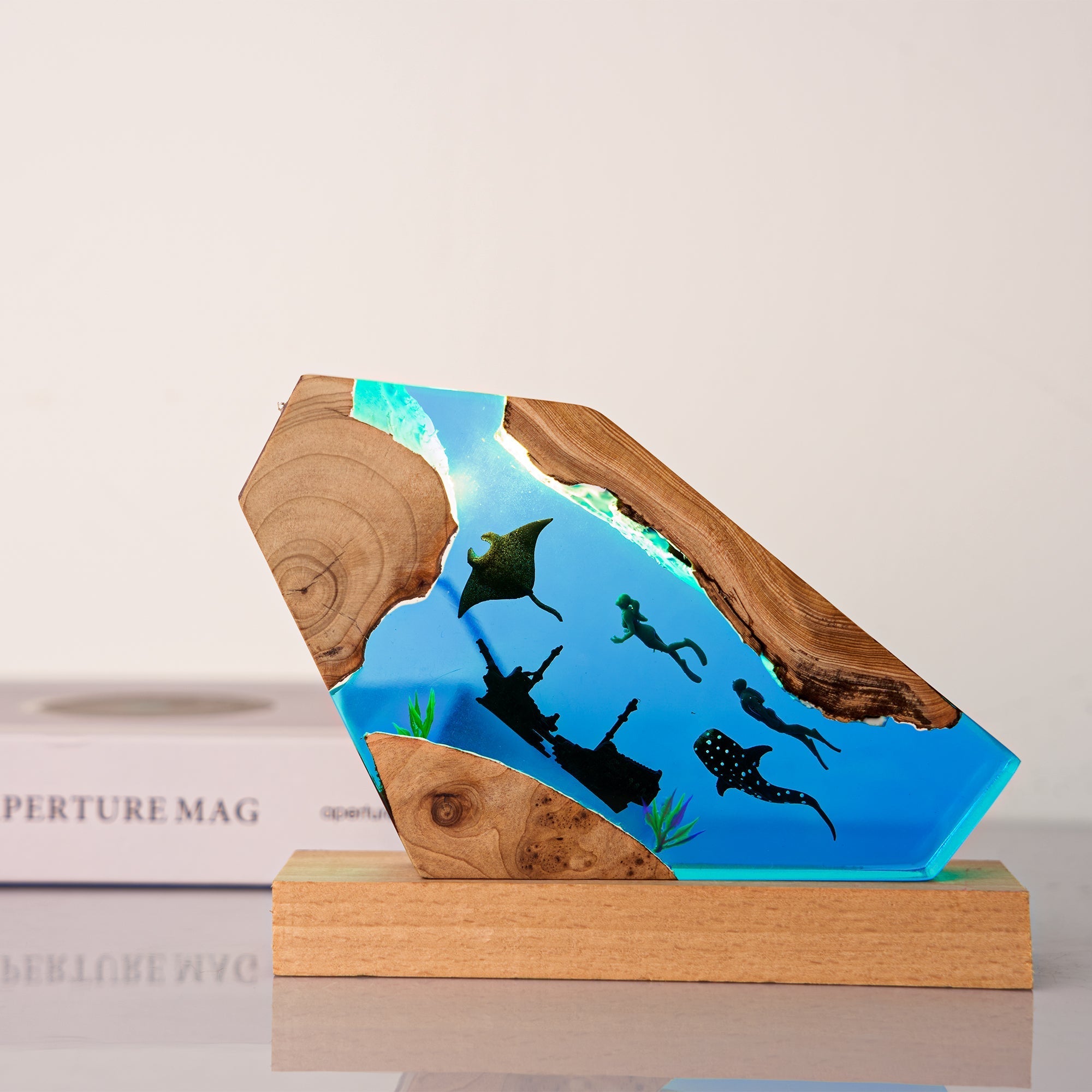 Resin Ocean Lamp - Handcrafted Diver & Shipwreck LED Light showcasing underwater scene with marine life and wooden accents.