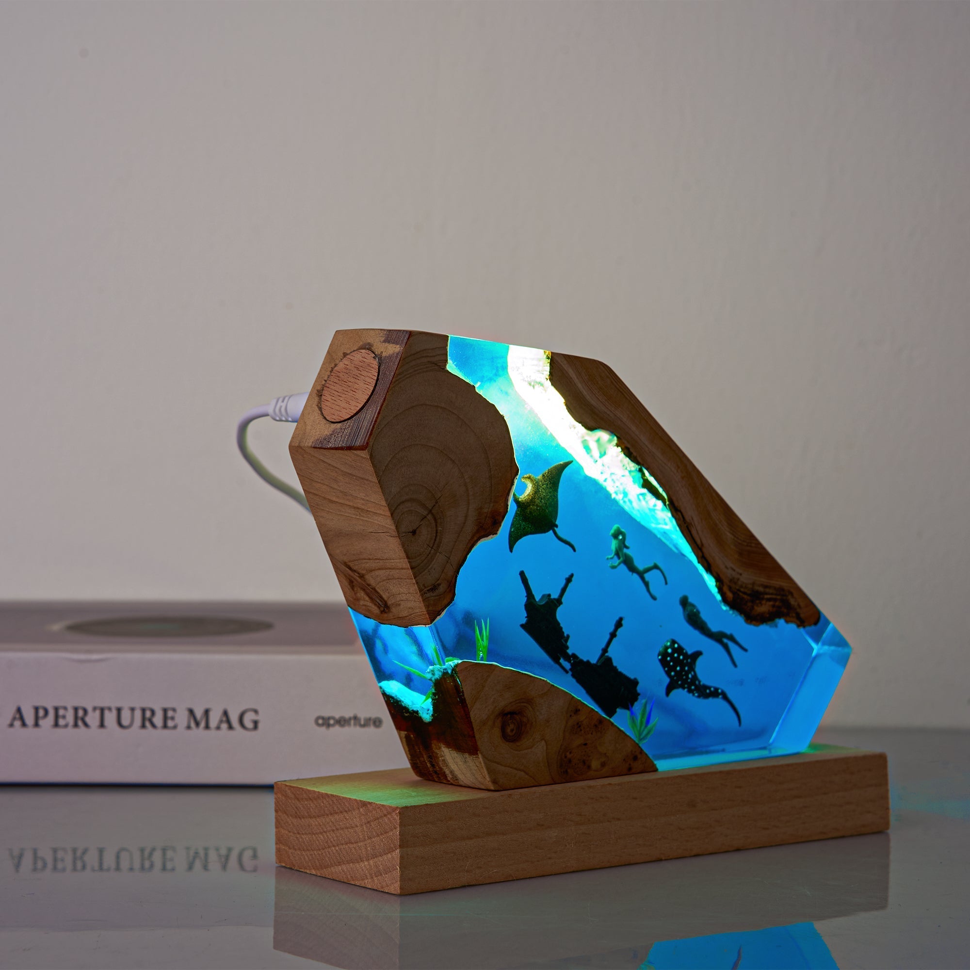 Resin Ocean Lamp - Handcrafted Diver & Shipwreck LED Light displaying diver and marine life in vibrant underwater scene.