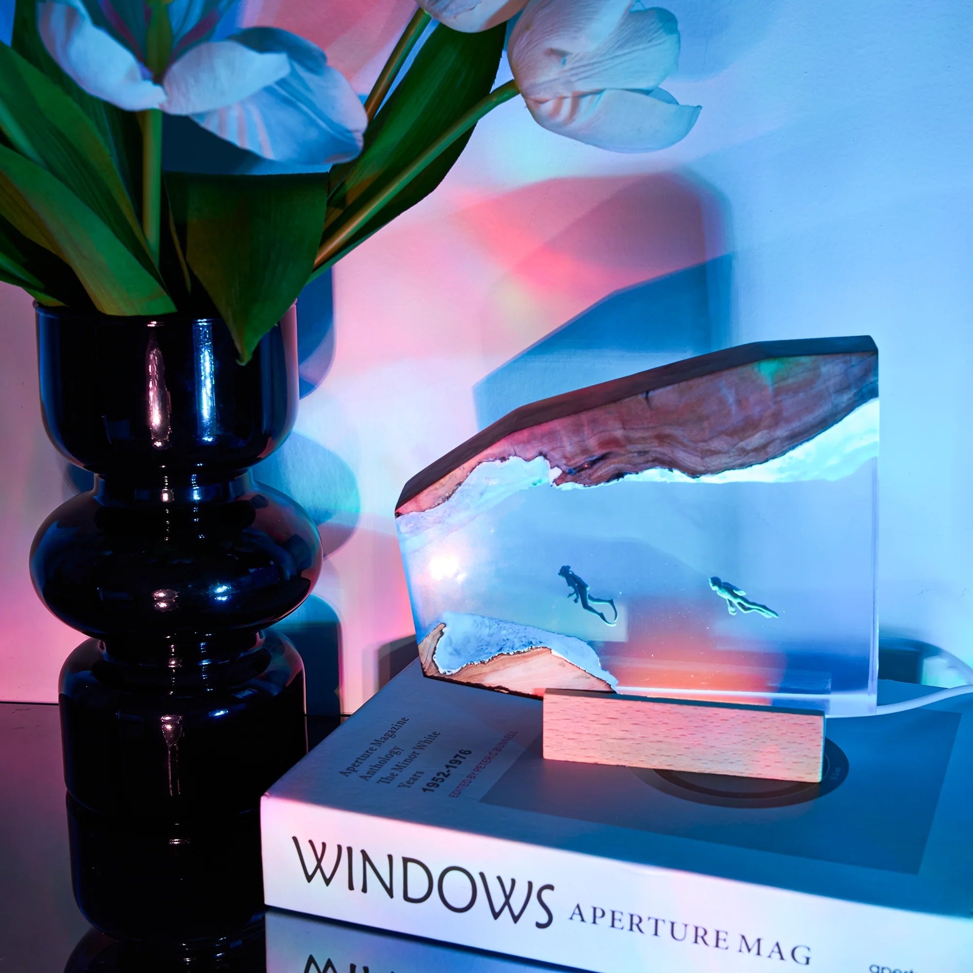 Resin Ocean Lamp - Handcrafted Diver & Shipwreck LED Light showing diver figures in clear resin with wood detail on a book.