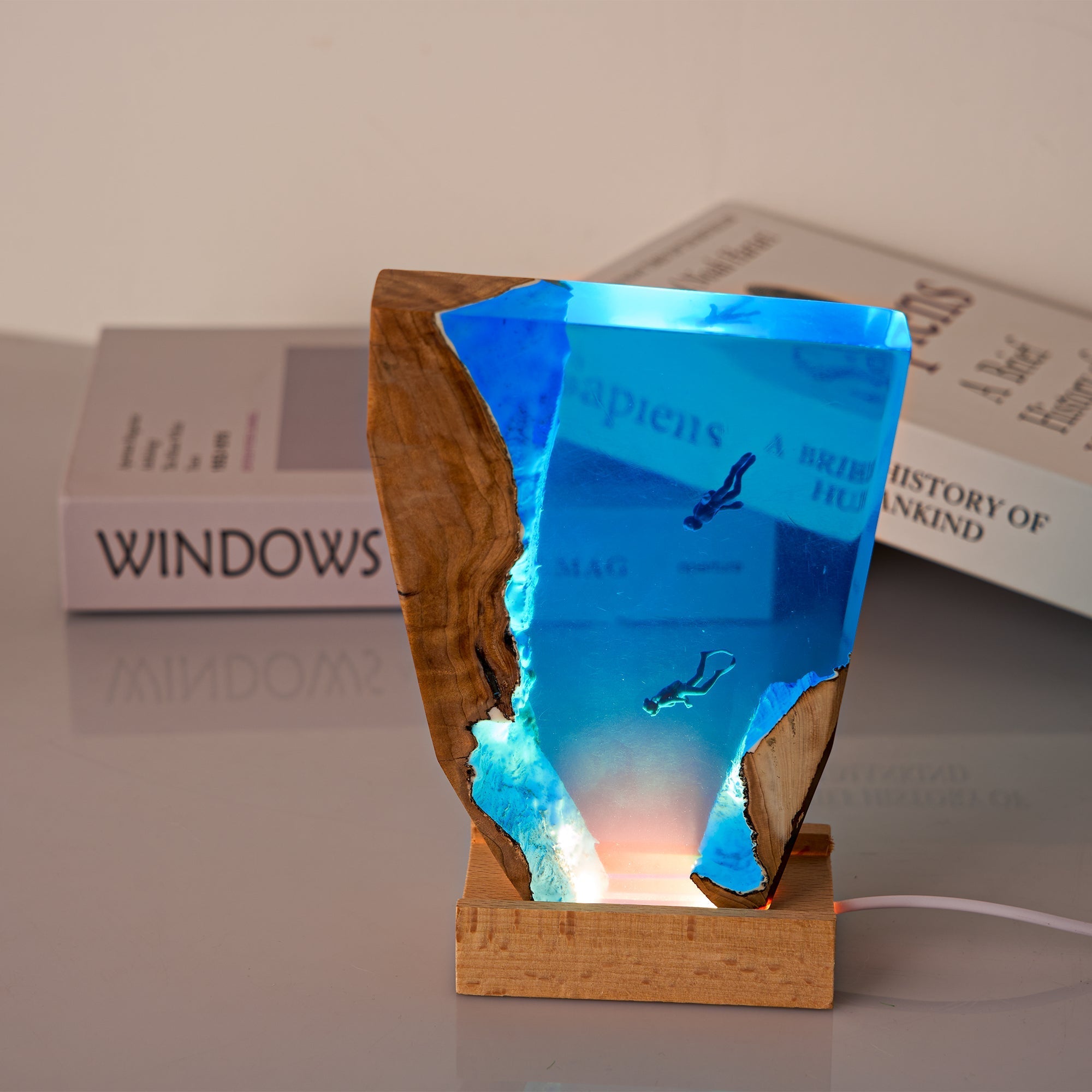 Resin Ocean Lamp - Handcrafted Diver & Shipwreck LED Light featuring a glowing ocean scene with diver and shipwreck details.