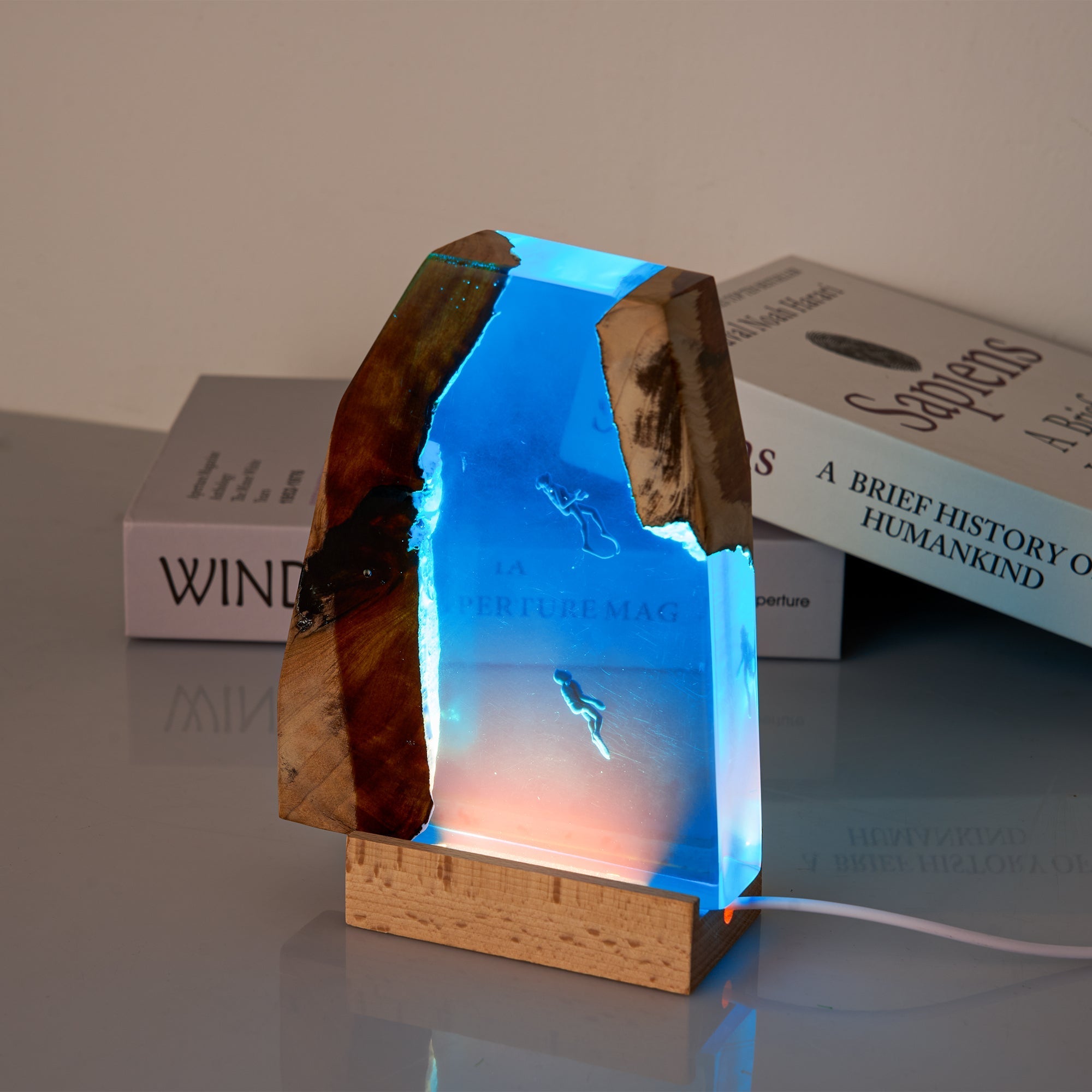 Resin Ocean Lamp - Handcrafted Diver & Shipwreck LED Light showcasing a glowing underwater diver scene with wooden accents.