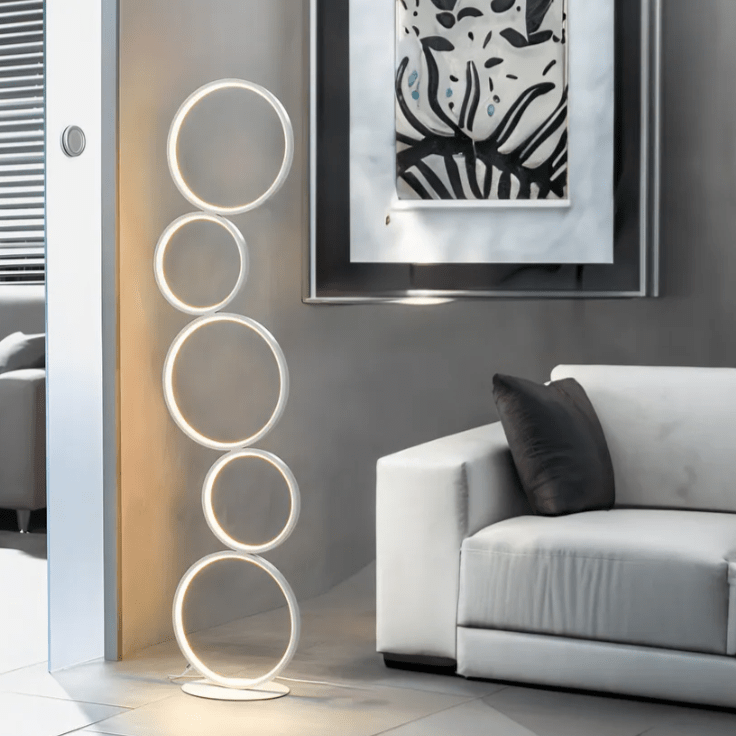 RGB Circle Floor Lamp with modern circular design, perfect for stylish indoor mood lighting and versatile decor.