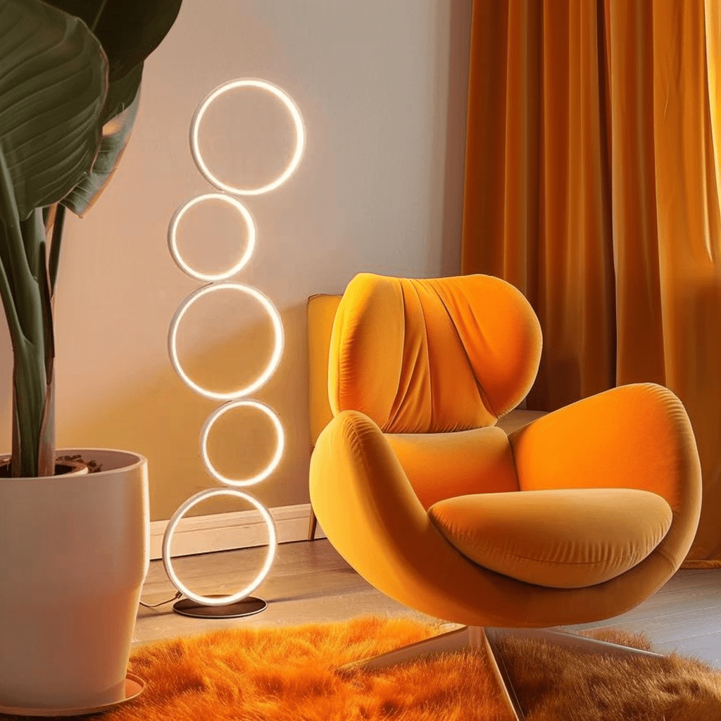 RGB Circle Floor Lamp featuring sleek circle design illuminating a modern living space with warm ambient lighting.