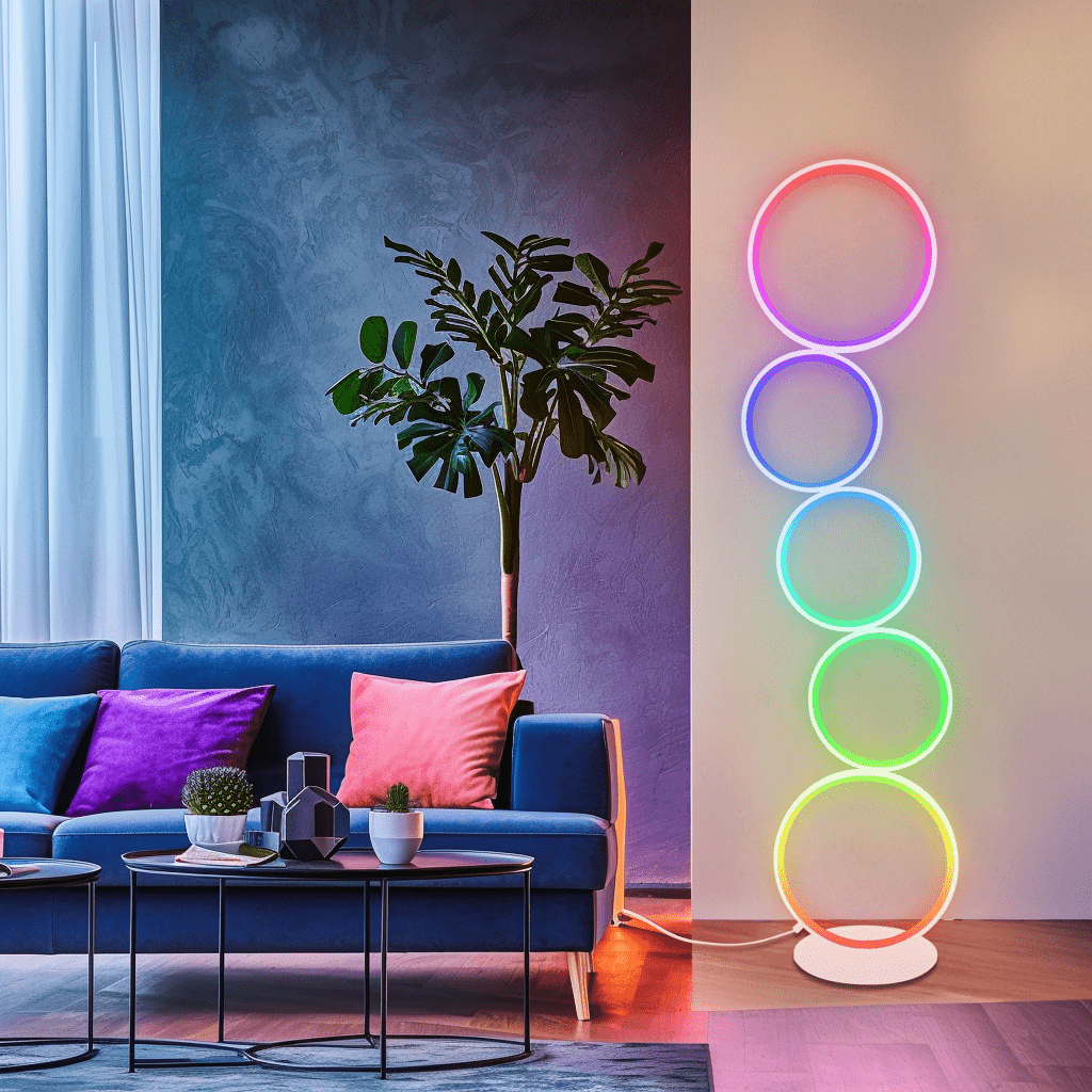 RGB Circle Floor Lamp with vibrant color-changing LED rings, perfect for dynamic indoor and outdoor mood lighting.