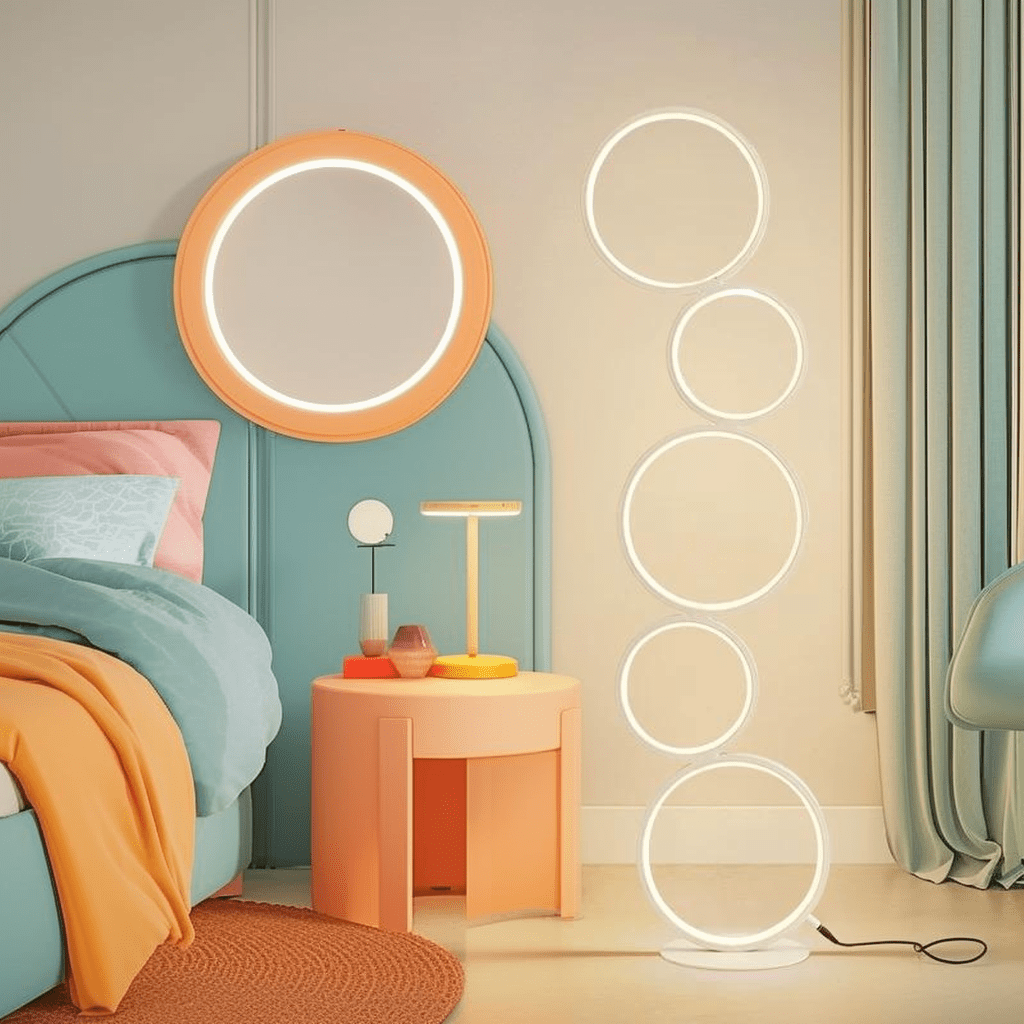 RGB Circle Floor Lamp illuminating a modern bedroom with sleek, circular LED lighting for dynamic indoor ambiance.