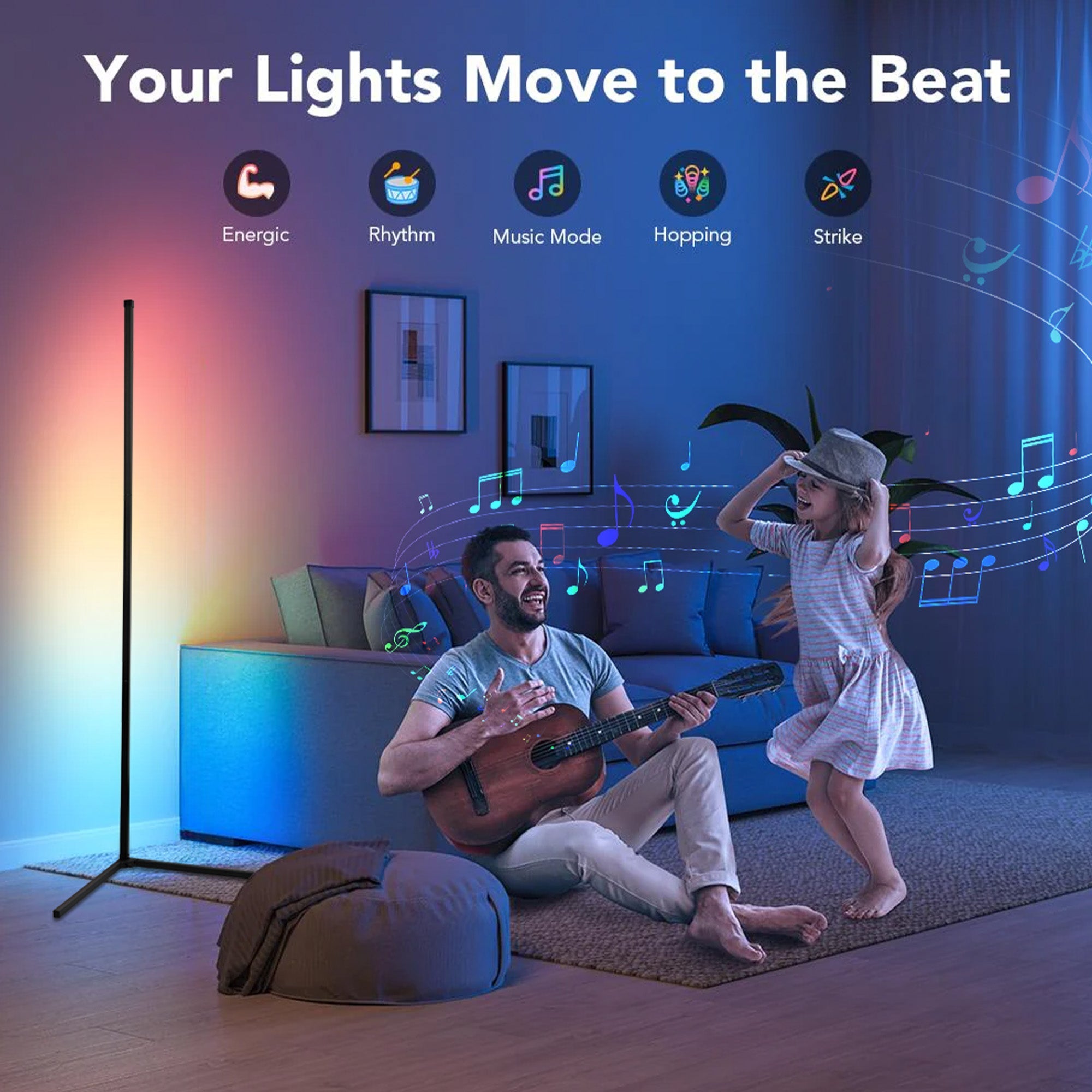 RGB Corner Floor Lamp illuminating a cozy living room with dynamic music-synced colorful lighting ambiance.
