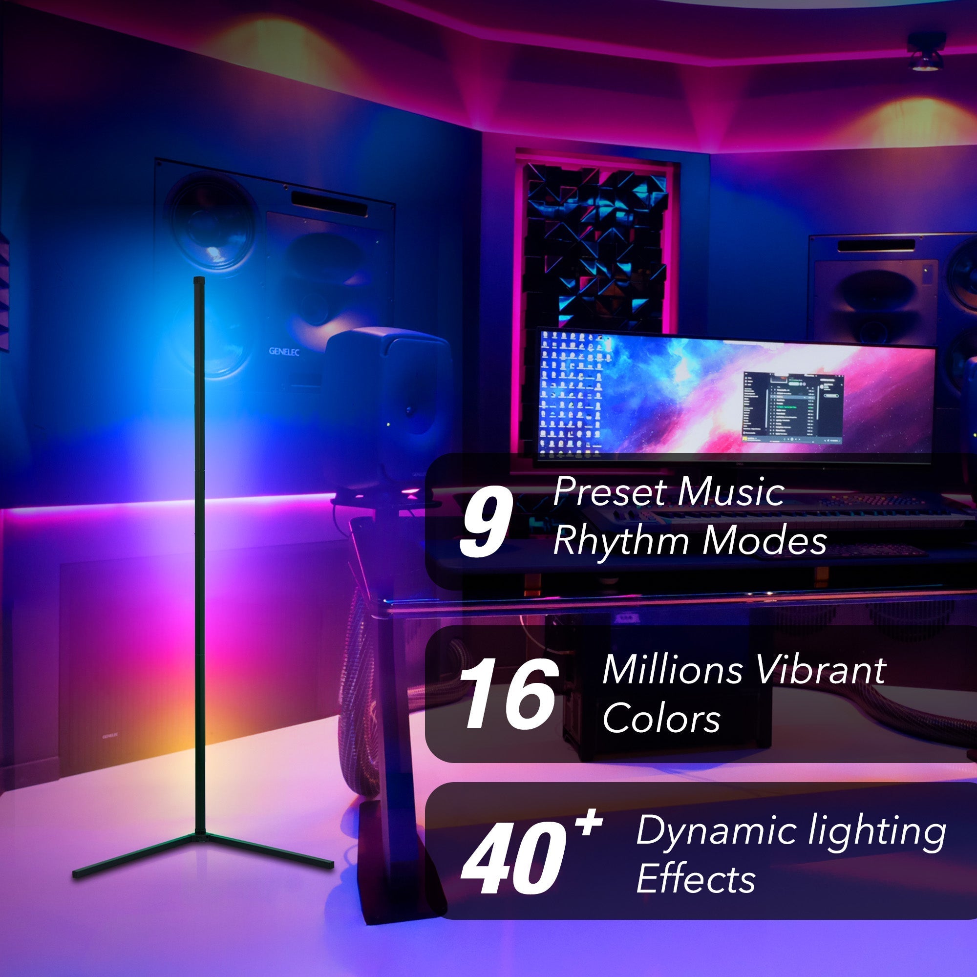RGB Corner Floor Lamp illuminating a modern room with vibrant colors and dynamic lighting effects.