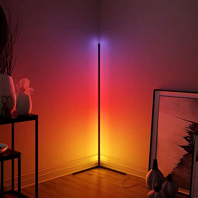 RGB Corner Floor Lamp illuminating a room corner with vibrant, customizable ambient colors and sleek minimalist design.