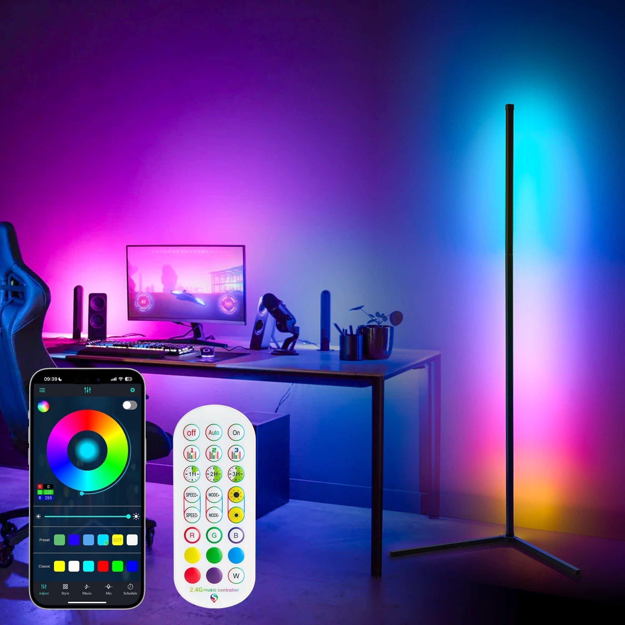 RGB Corner Floor Lamp illuminating a modern workspace with vibrant customizable colors controlled via app and remote.