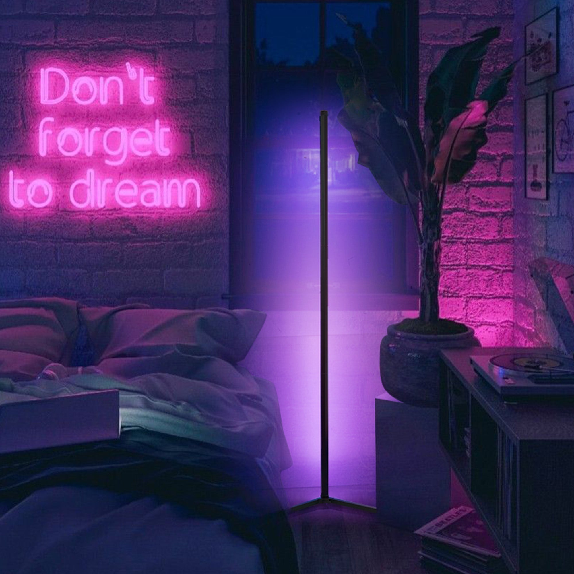 RGB Corner Floor Lamp emitting vibrant purple light in a cozy modern bedroom corner with minimalist design.