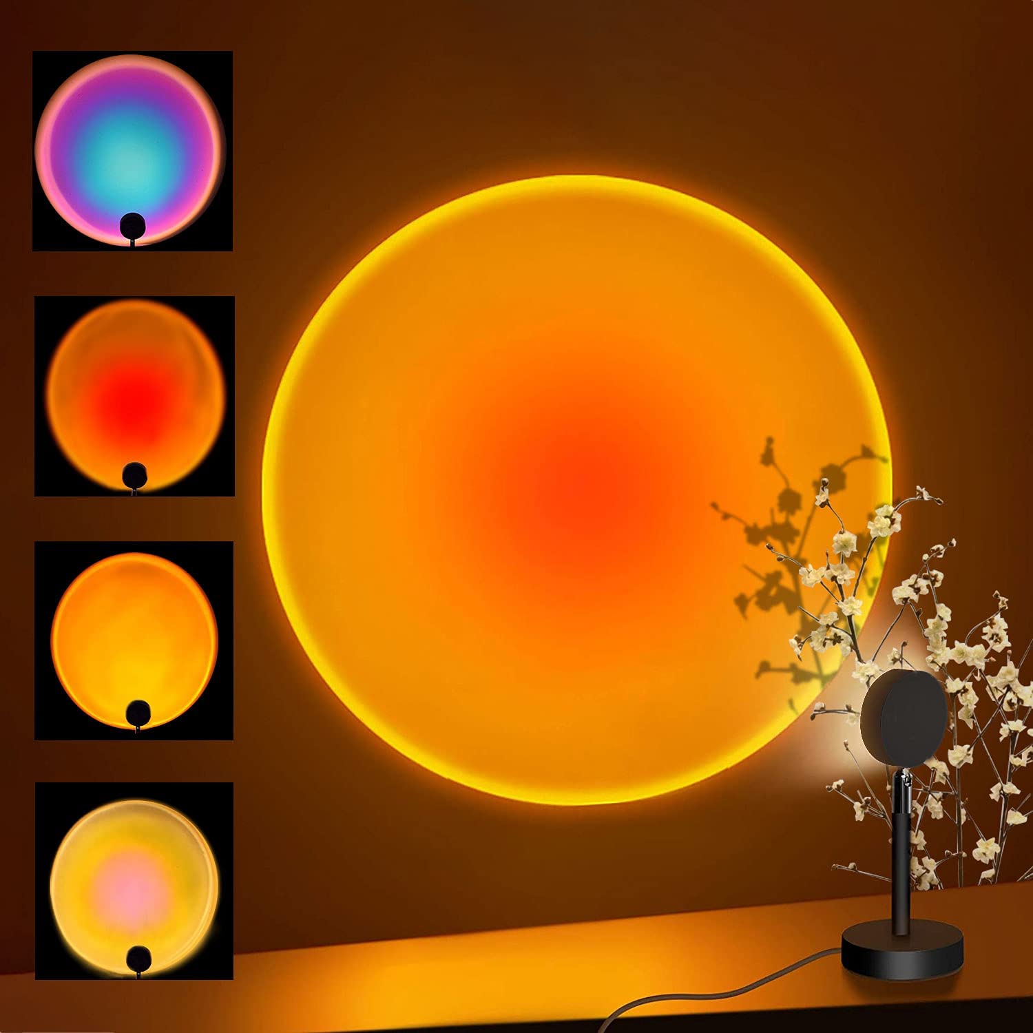 RGB Sunset Projector Lamp casting vibrant, customizable sunset hues on wall, enhancing ambiance with 16 colors and 4 effects.