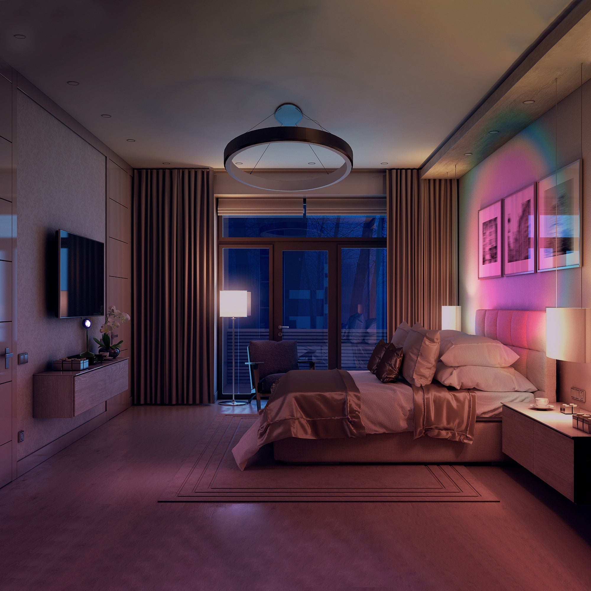 RGB Sunset Projector Lamp casting vibrant colorful light creating a warm, immersive ambiance in a modern bedroom.