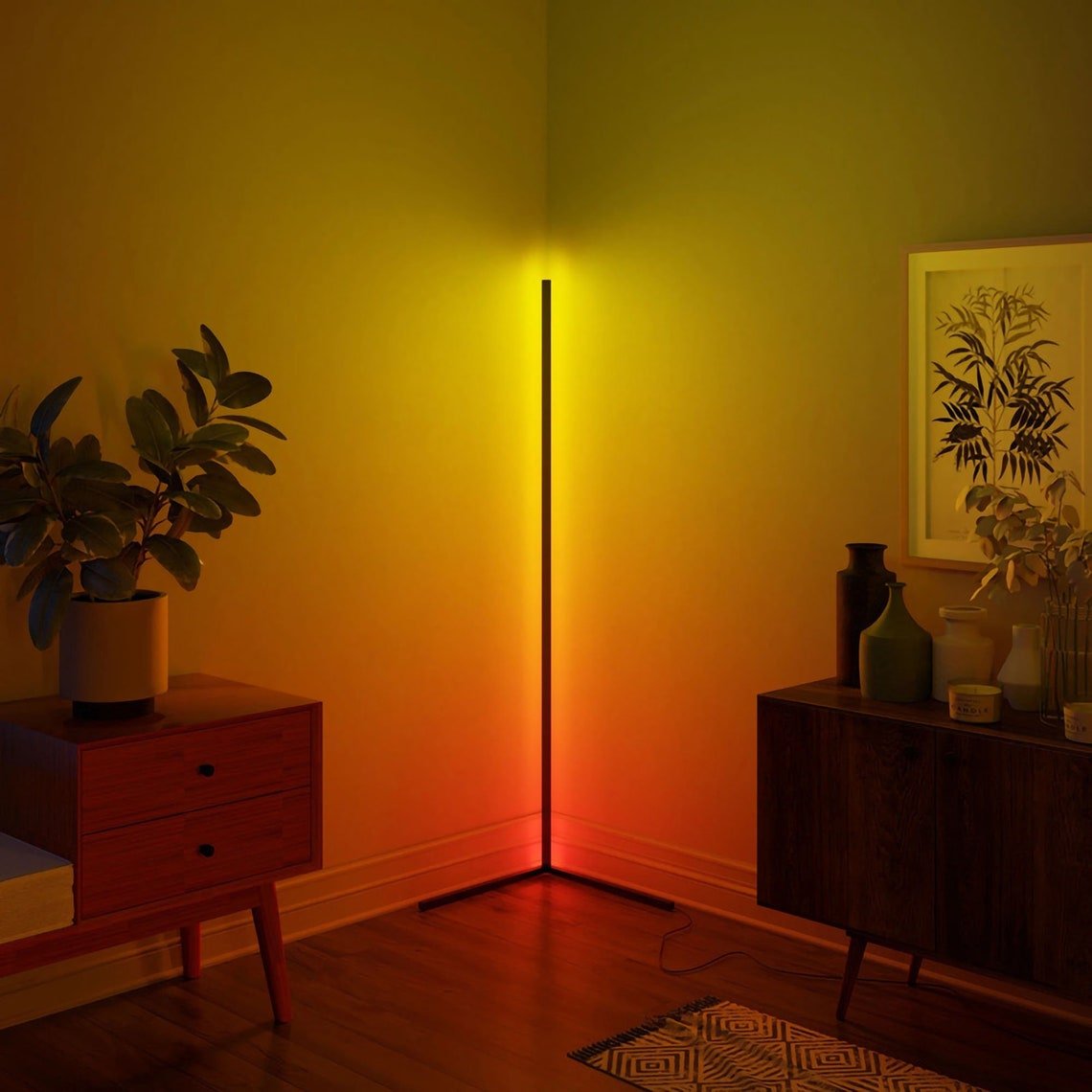 RGBCW Corner Floor Lamp lighting a cozy room corner with vibrant RGB colors and minimalistic design.