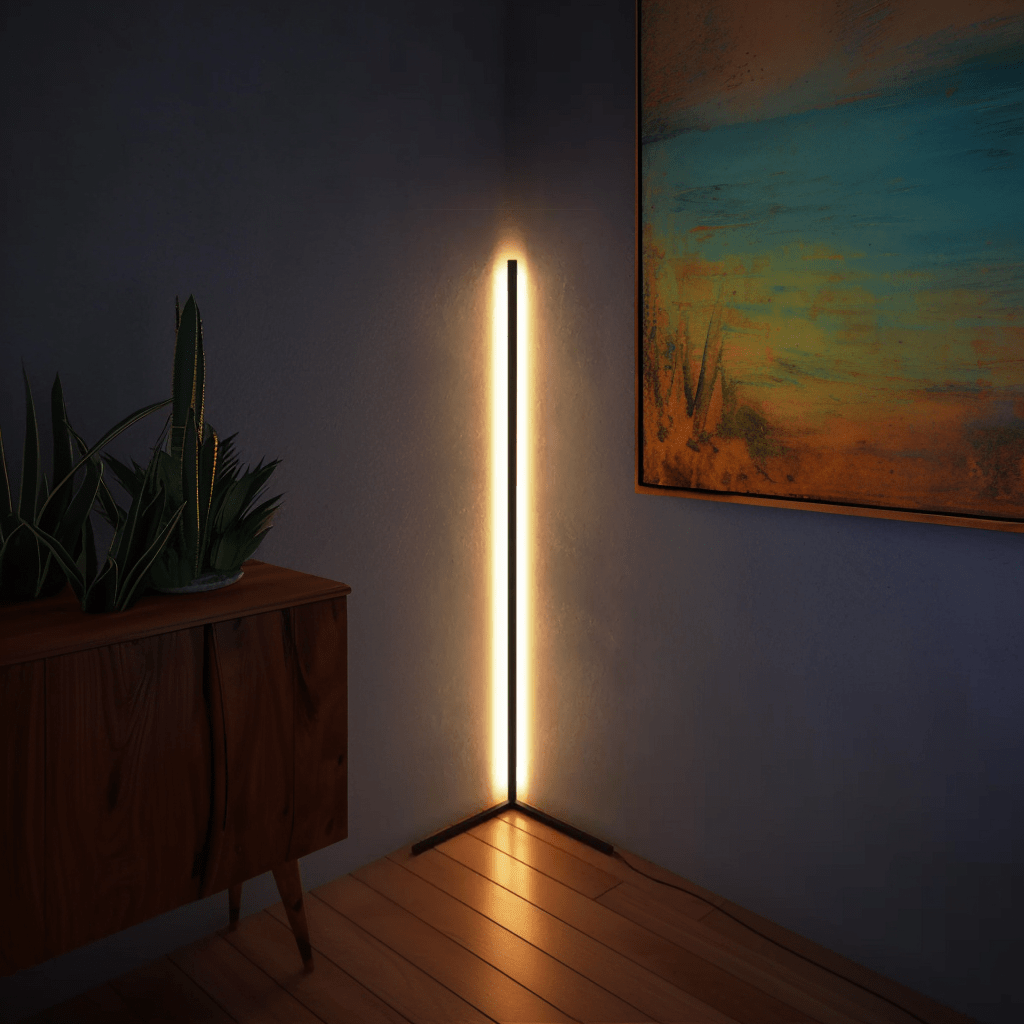 RGBCW Corner Floor Lamp in warm light, sleek minimalist design illuminating a cozy corner with vibrant white glow.
