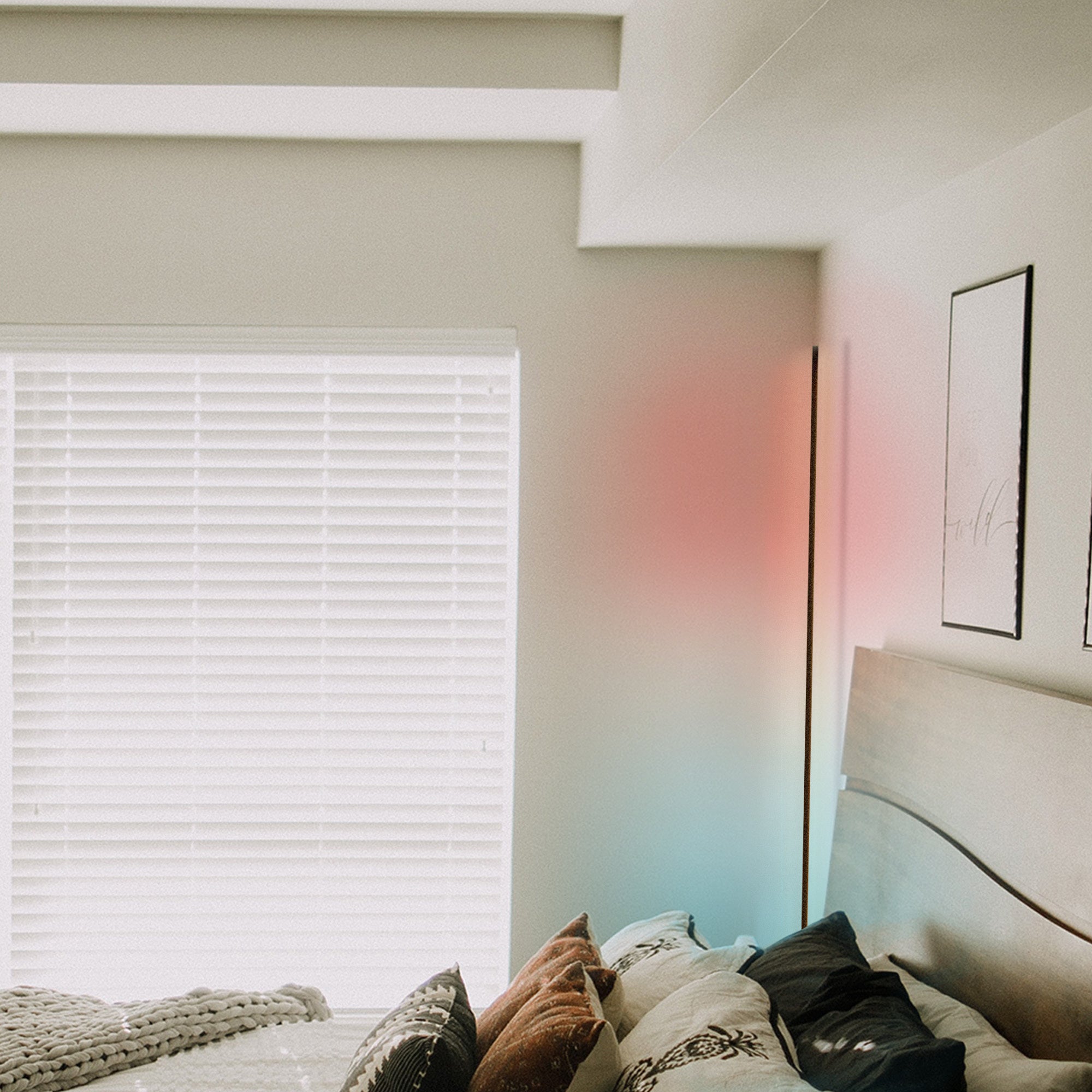 RGBCW Corner Floor Lamp in bedroom corner casting vibrant RGB and white ambient lighting with modern minimalist design.