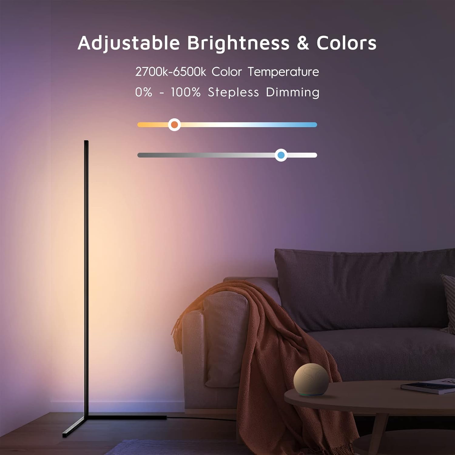 RGBCW Corner Floor Lamp with adjustable brightness and color temperature for customizable mood lighting in any corner space.