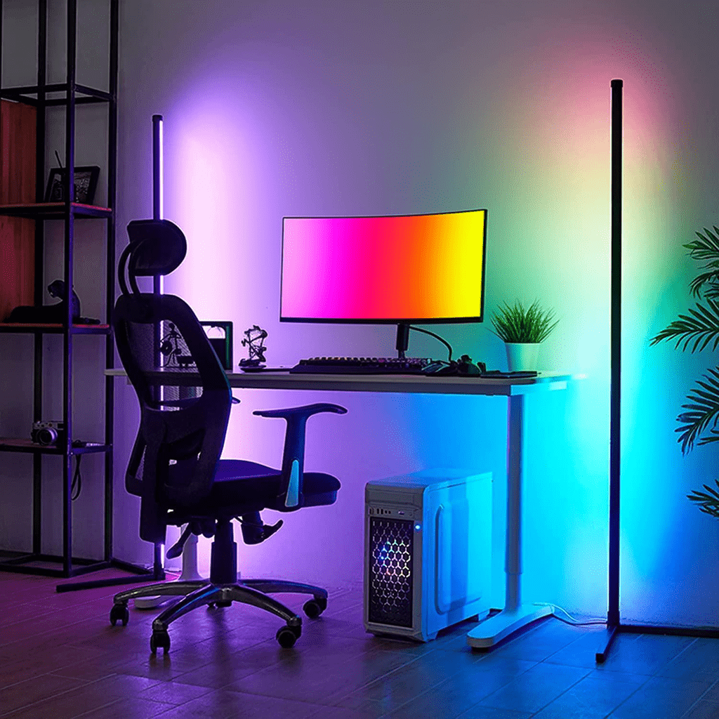 RGBCW Corner Floor Lamp illuminating a modern workspace with vibrant RGB lighting and sleek minimalist design.