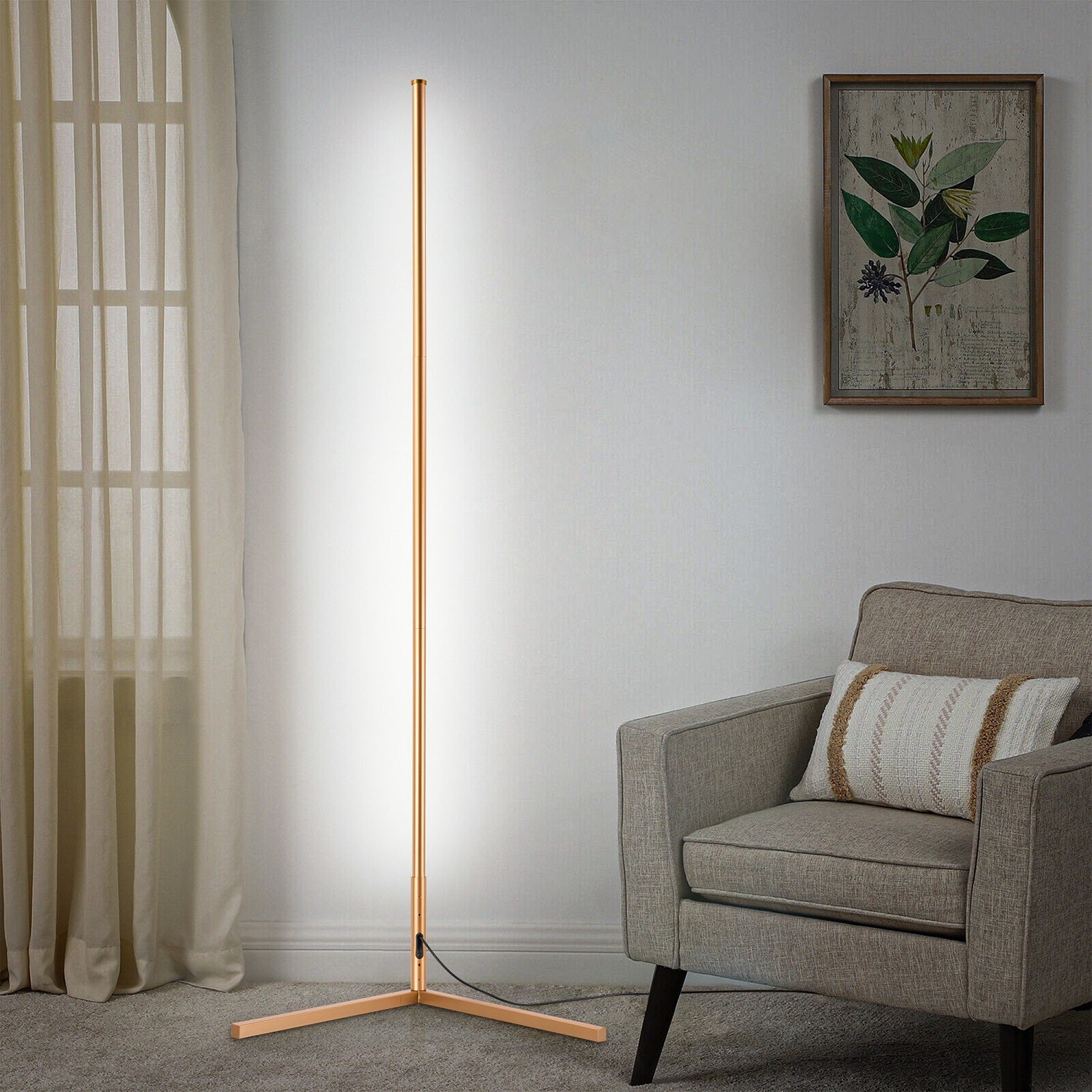RGBCW Corner Floor Lamp - Gold minimalist corner lamp with adjustable RGB lighting and soft-white integrated LEDs for cozy ambiance.