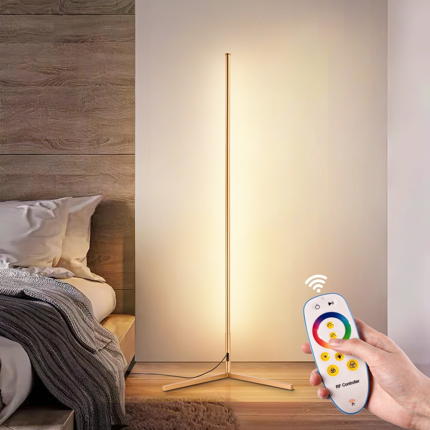 RGBCW Corner Floor Lamp - Gold sleek minimalist corner lamp with remote for customizable multi-color LED lighting.