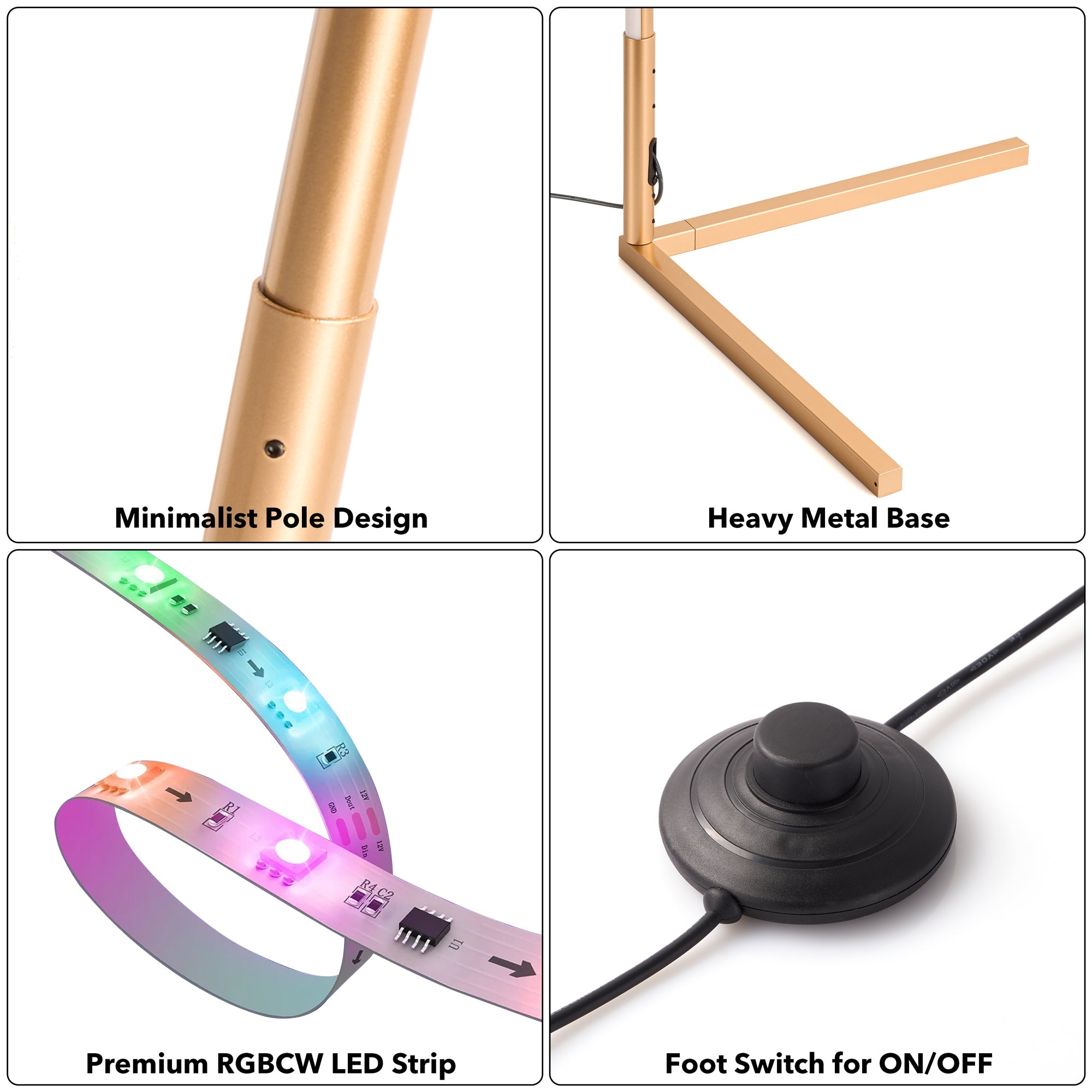 RGBCW Corner Floor Lamp - Gold with minimalist pole, heavy base, premium LED strip, and foot switch for easy control.